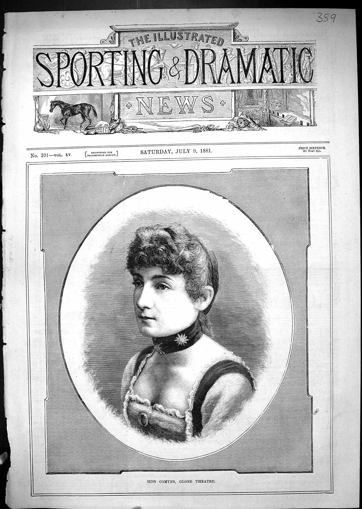 Old Antique Print Portrait Miss Comyns Globe Theatre Beautiful Woman 1881 19th