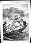 Old Antique Print 1881 Sirens River Thames Young Women Boat Reading Book 19th