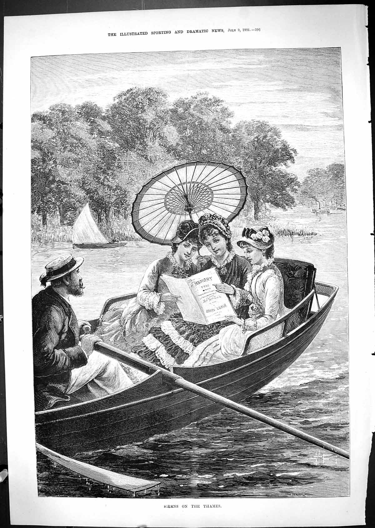Old Antique Print 1881 Sirens River Thames Young Women Boat Reading Book 19th