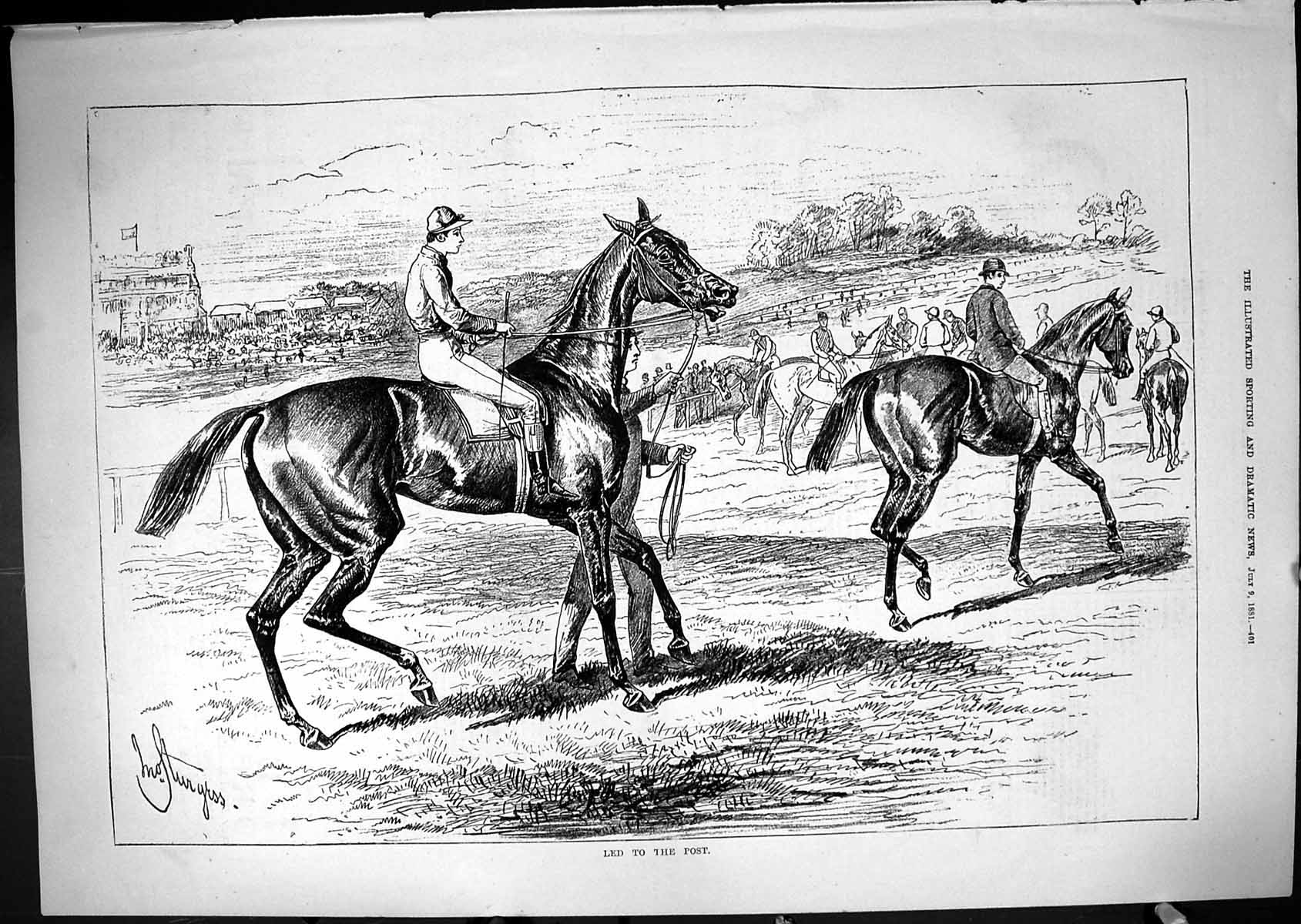 Antique Old Print 1881 Horse Racing Jockeys Led To The Post Start Line Sport