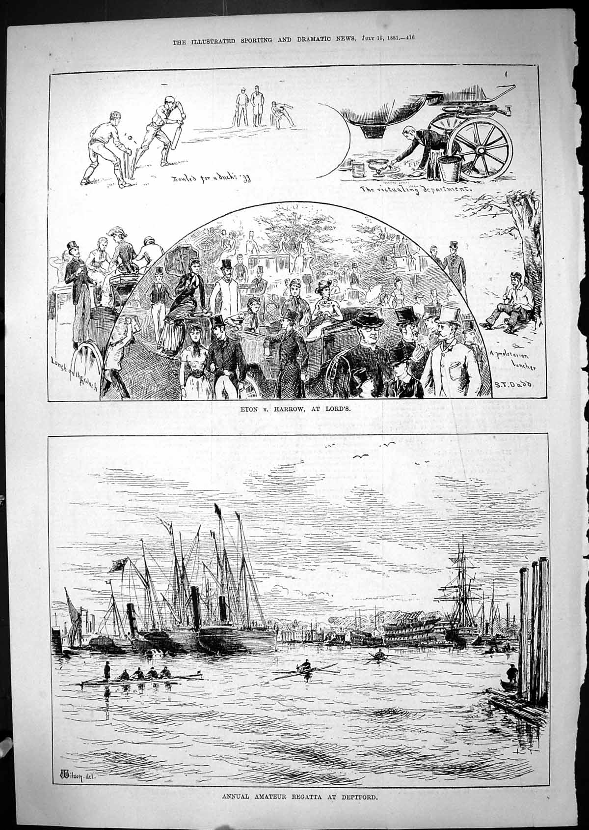 Old Print 1881 Eton Harrow Lords Cricket Amateur Regatta Deptford Sailing 19th
