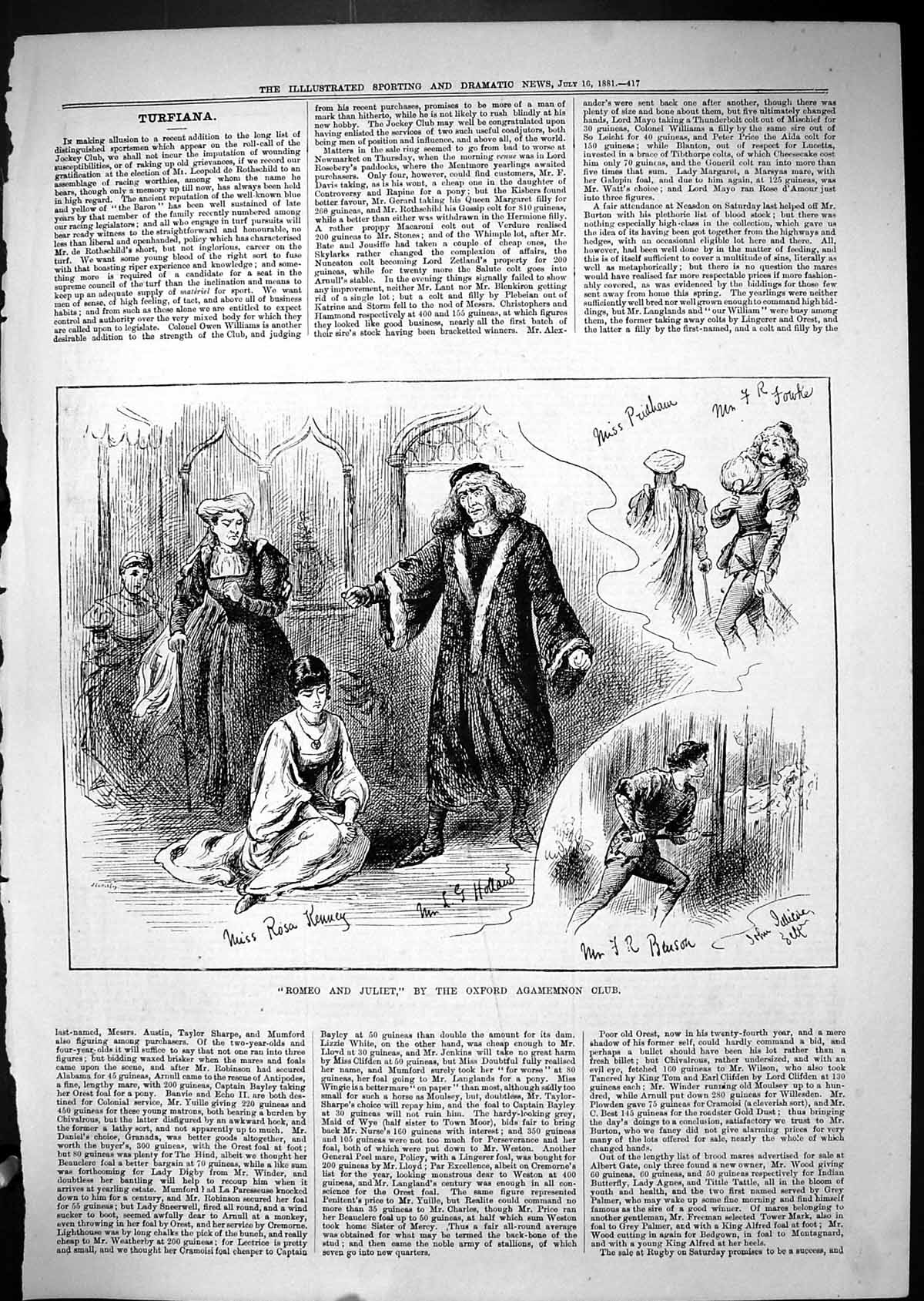 Old Print 1881 Romeo Juliet Oxford Agamemnon Theatre Benson Rourke Kenney 19th