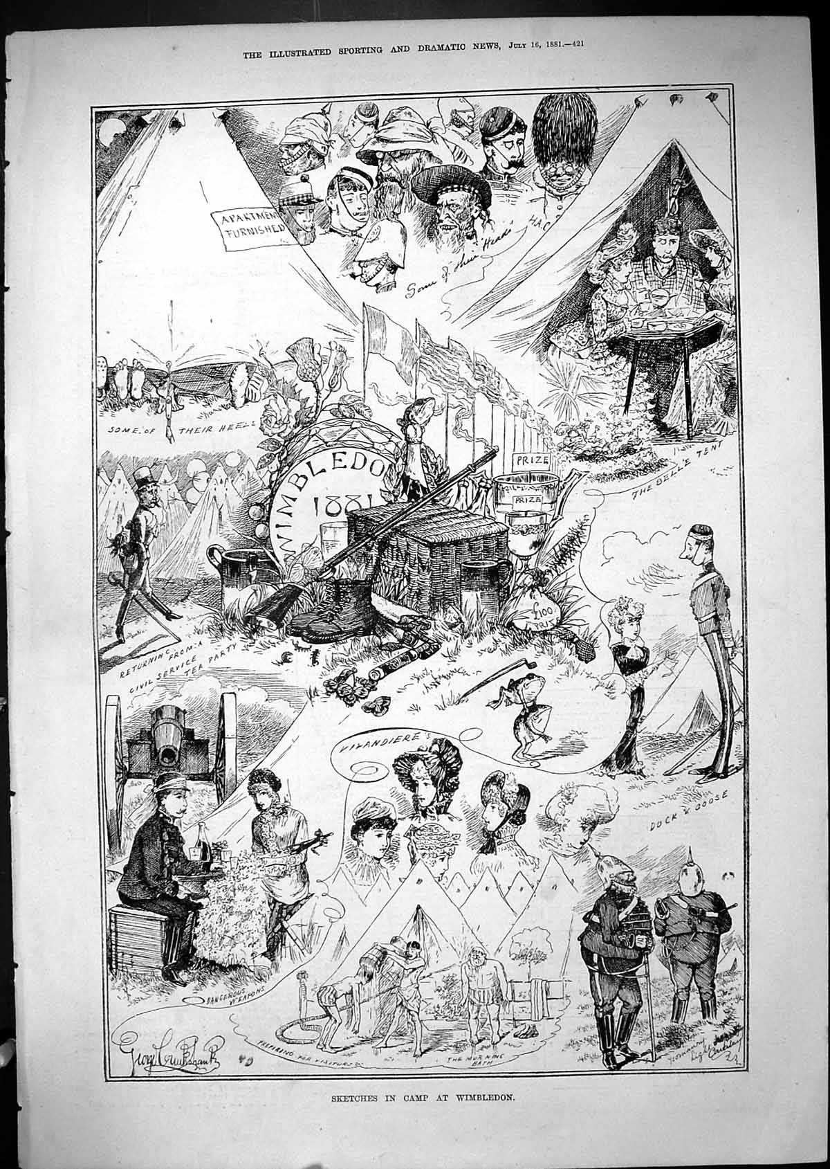 Old Antique Print 1881 Sketches Camp Wimbledon Rifle Shooting Sport Tents 19th