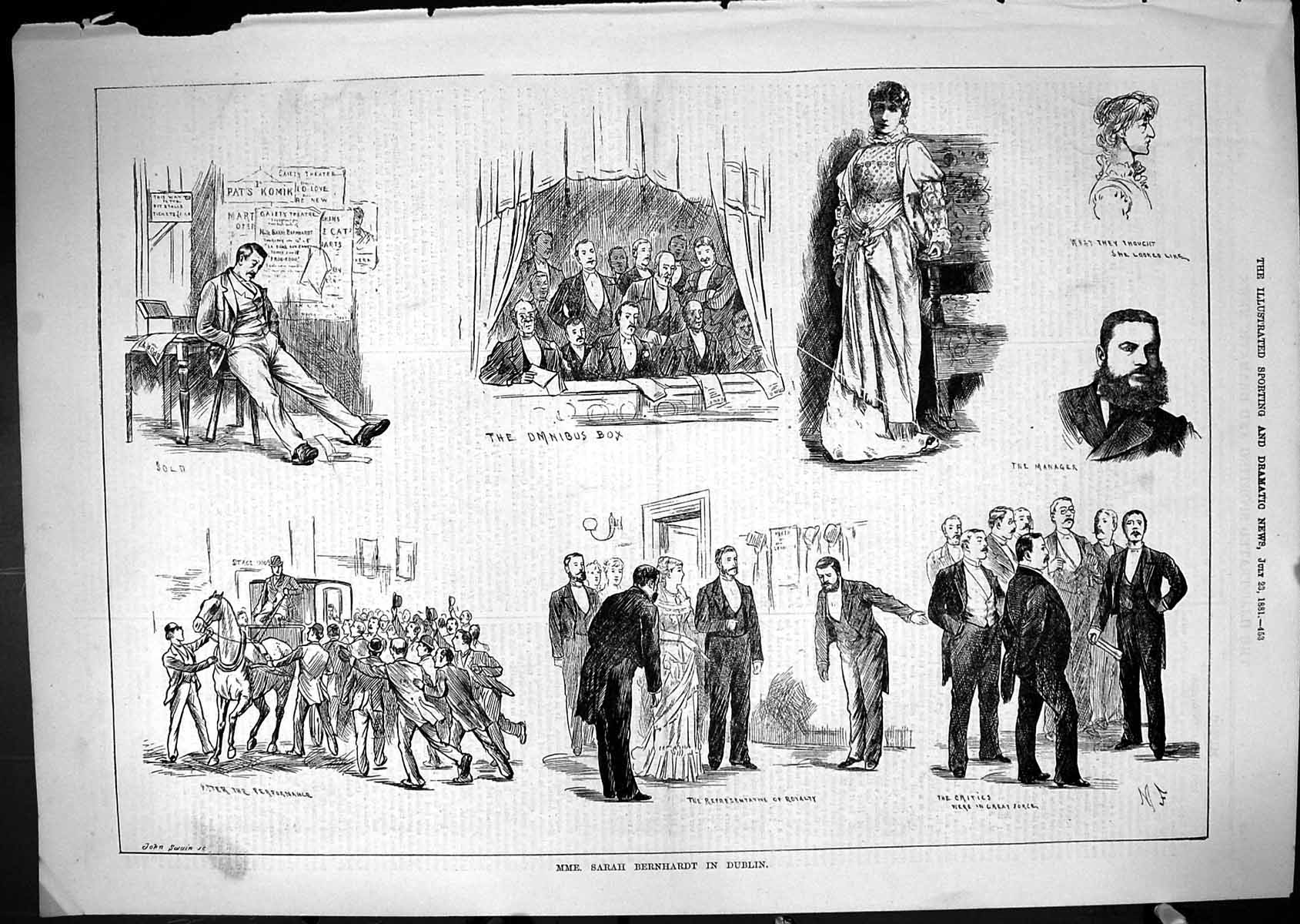 Old Print Mme. Sarah Bernhardt Dublin Ireland Omnibus Box Spectators 1881 19th