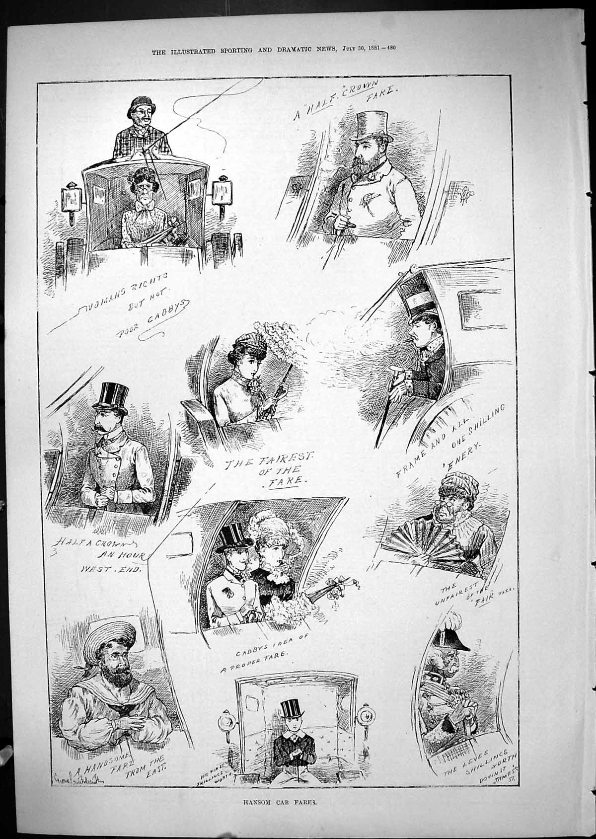 Original Old Antique Print 1881 Hansom Cab Fares Transport Beautiful Women 19th