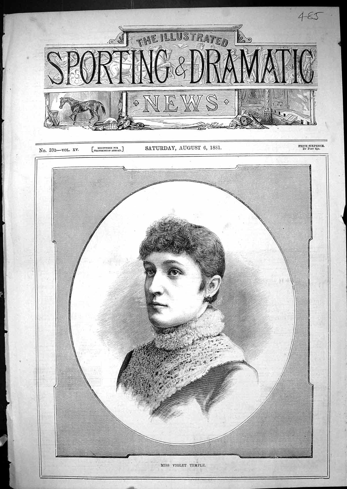Original Old Antique Print 1881 Portrait Miss Violet Temple Beautiful Woman