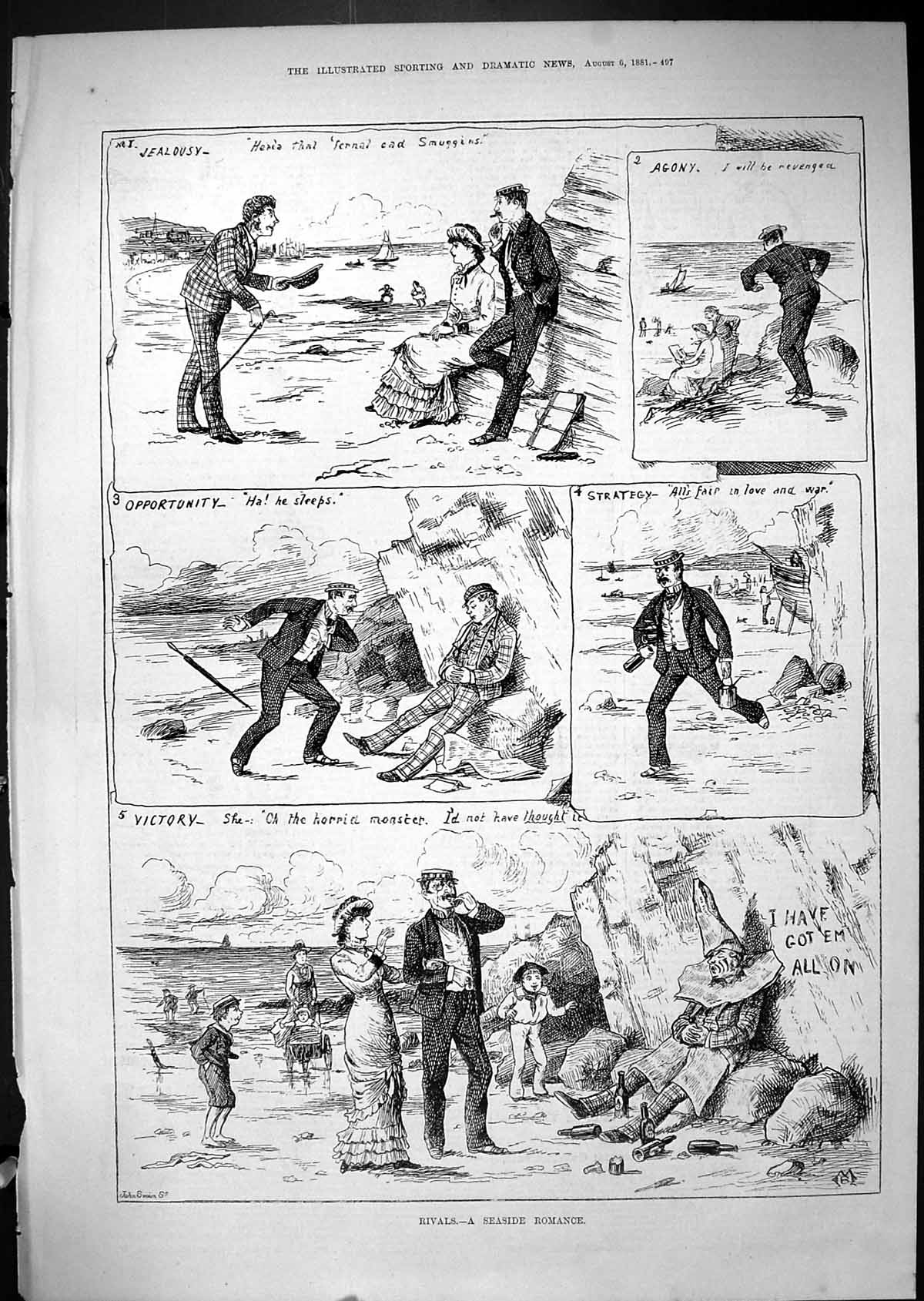 Old Antique Print 1881 Seaside Romance Rivals Jealousy Story Beach Scene 19th