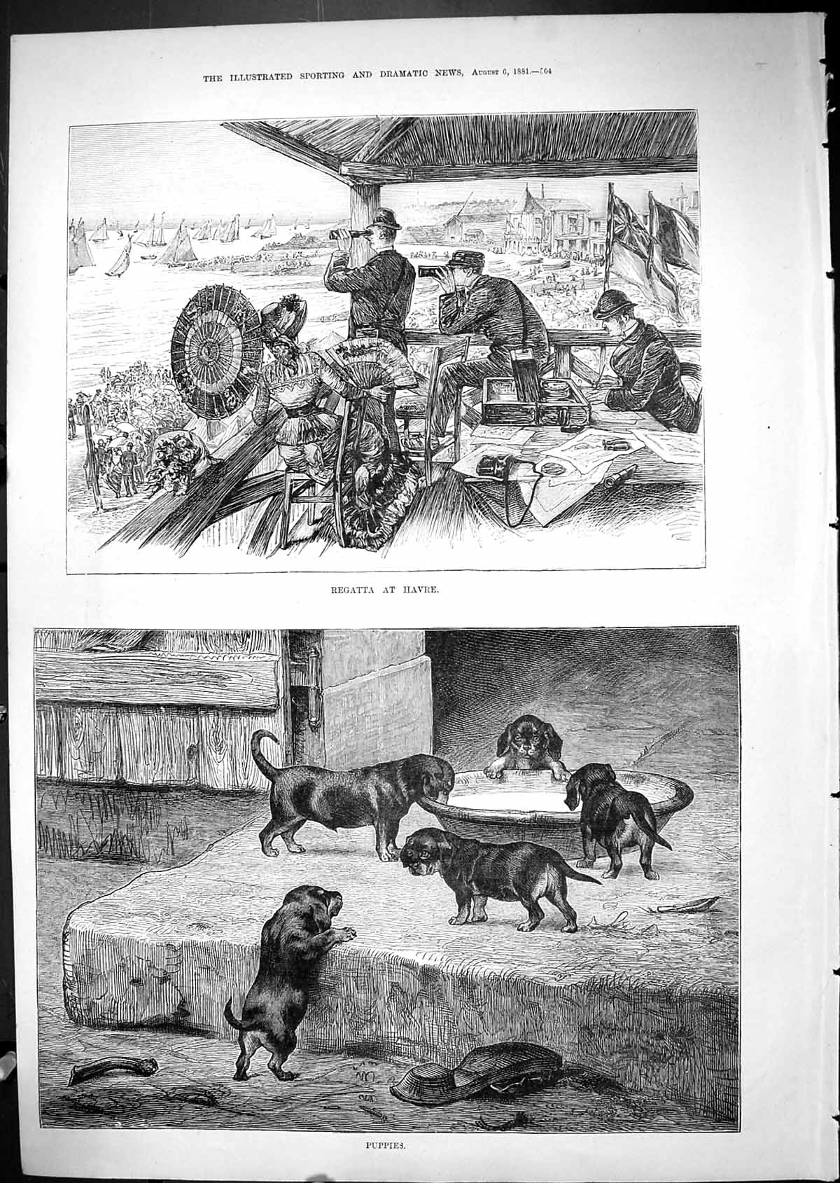 Antique Old Print 1881 Regatta Havre Yachts Sailing Puppies Dogs Milk Bowl 19th
