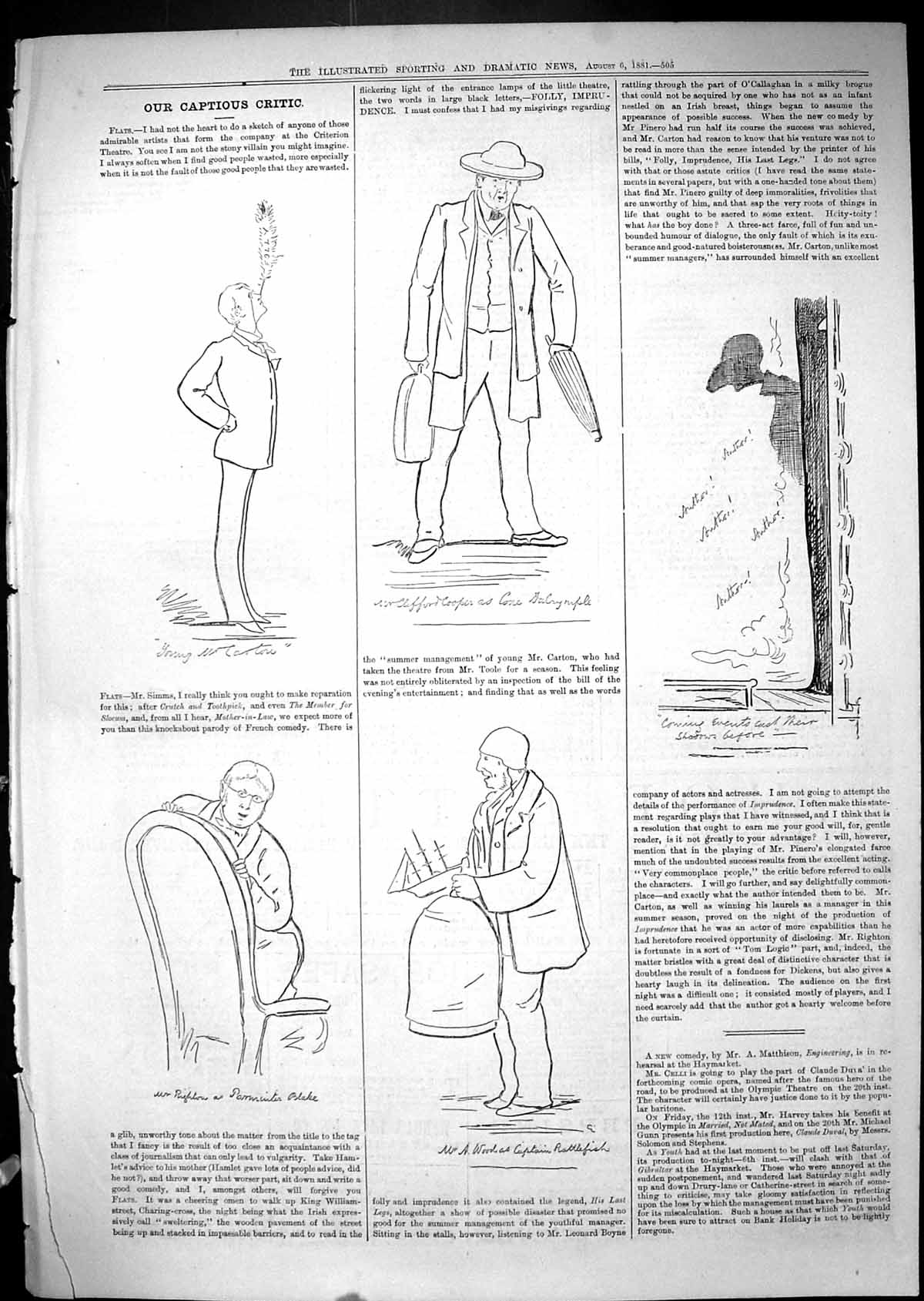 Antique Old Print Theatre Captious Critic Clifford Cooper Wood Actors 1881 19th