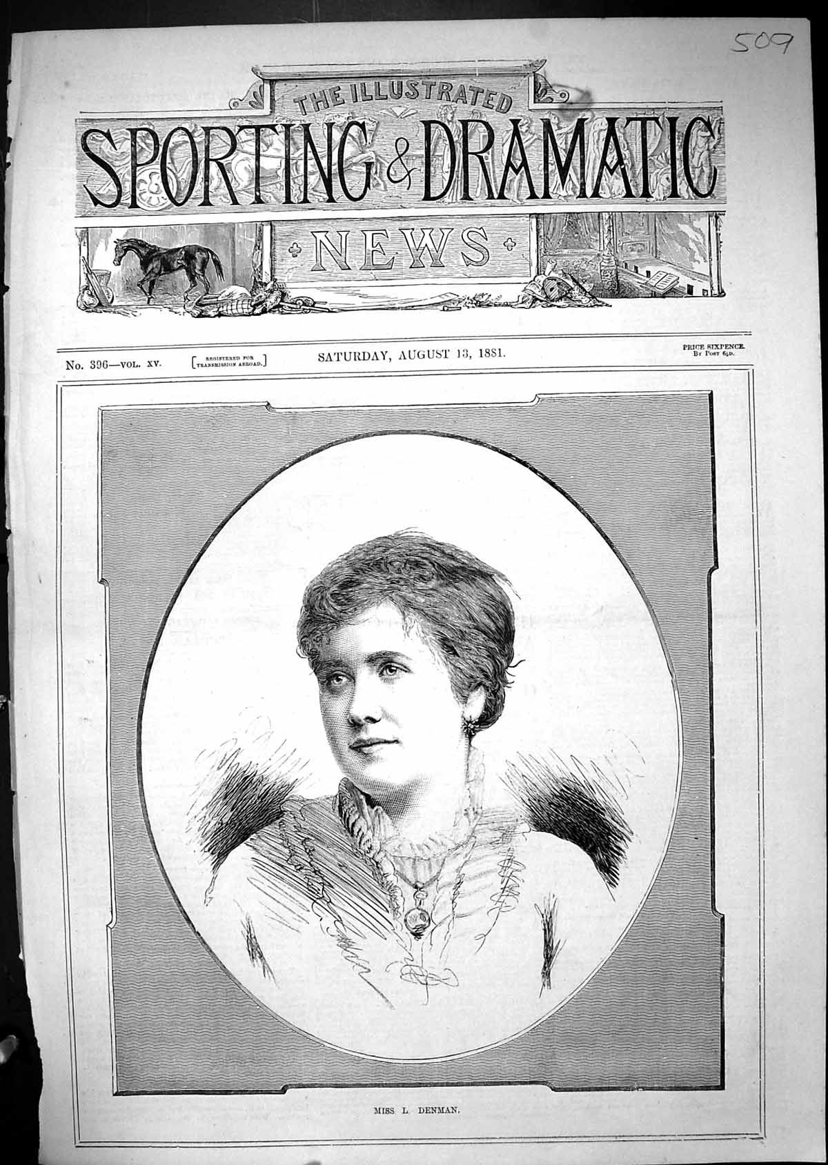Original Old Antique Print 1881 Portrait Miss Denman Beautiful Woman Victorian