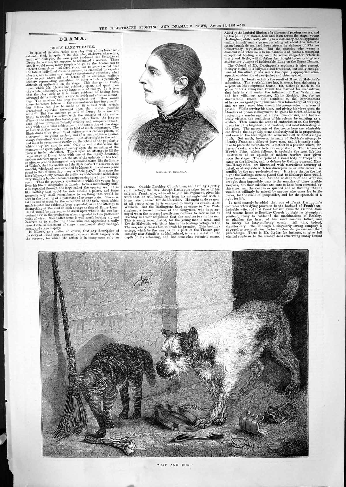 Antique Old Print 1881 Portrait Robinson Beautiful Woman Cat Dog Animals Pets