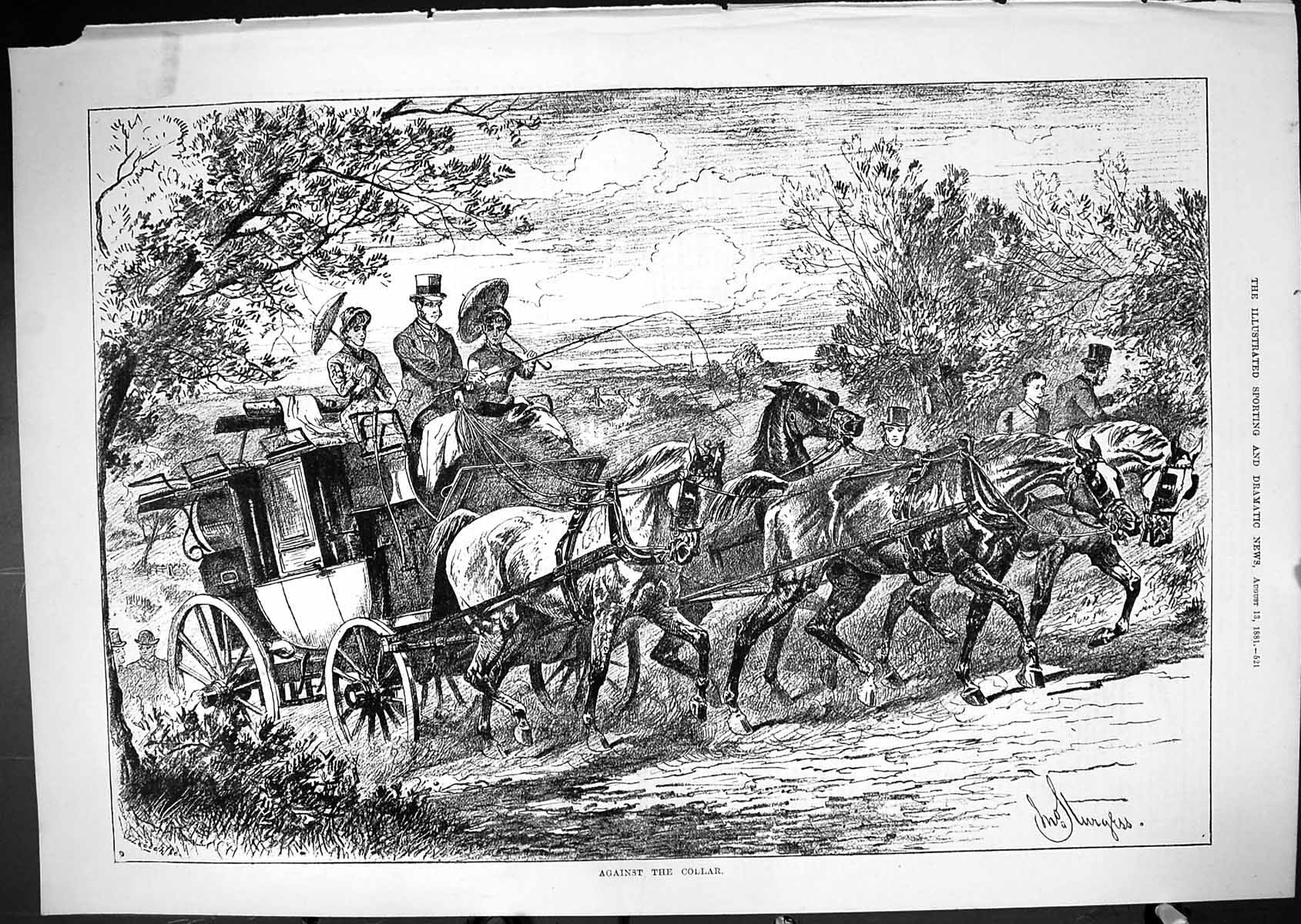Old Antique Print 1881 Against The Collar Horses Transport Coach Sturgess 19th