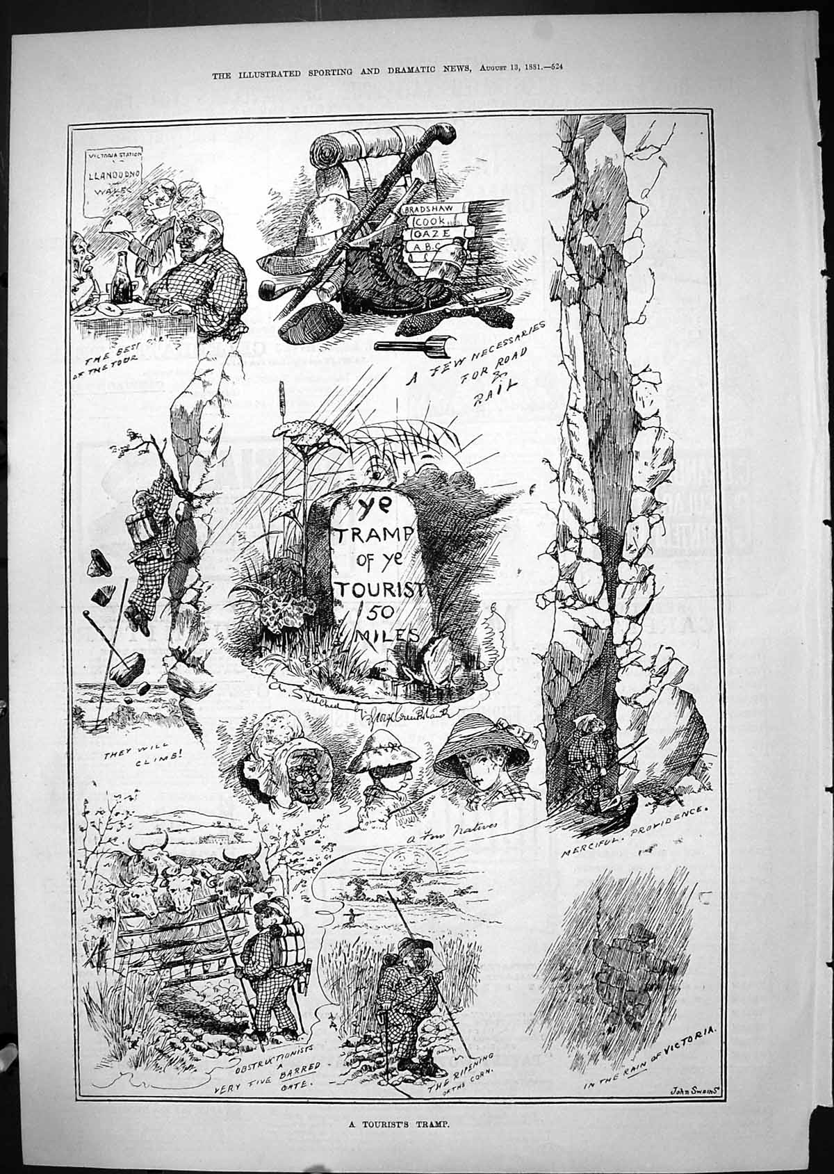 Old Print 1881 Tourist Tramp Mountain Climbing Rain Victoria Cows Country 19th
