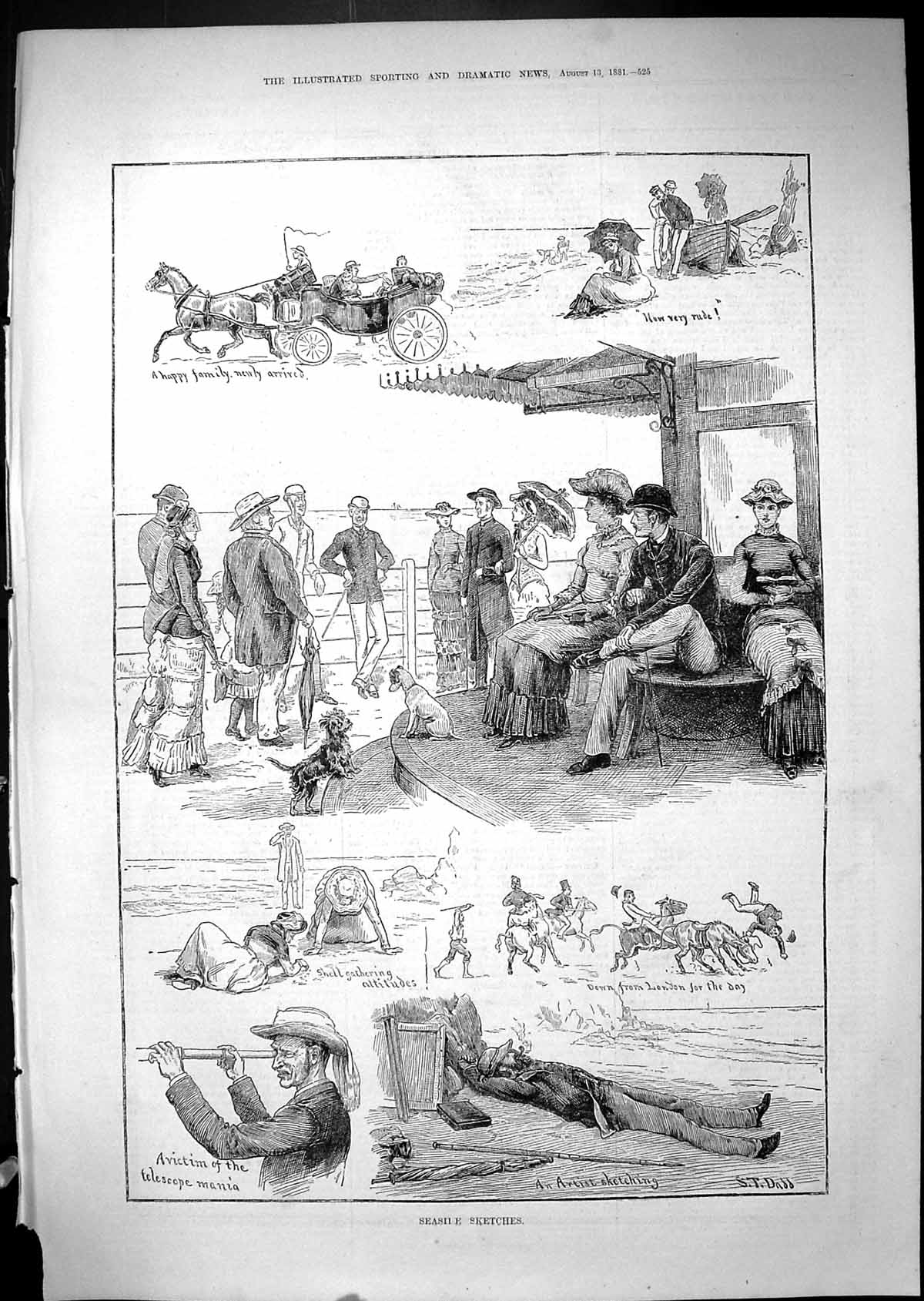 Old Print 1881 Seaside Sketches Pier Scene Donkey Rides Artist Sketching 19th