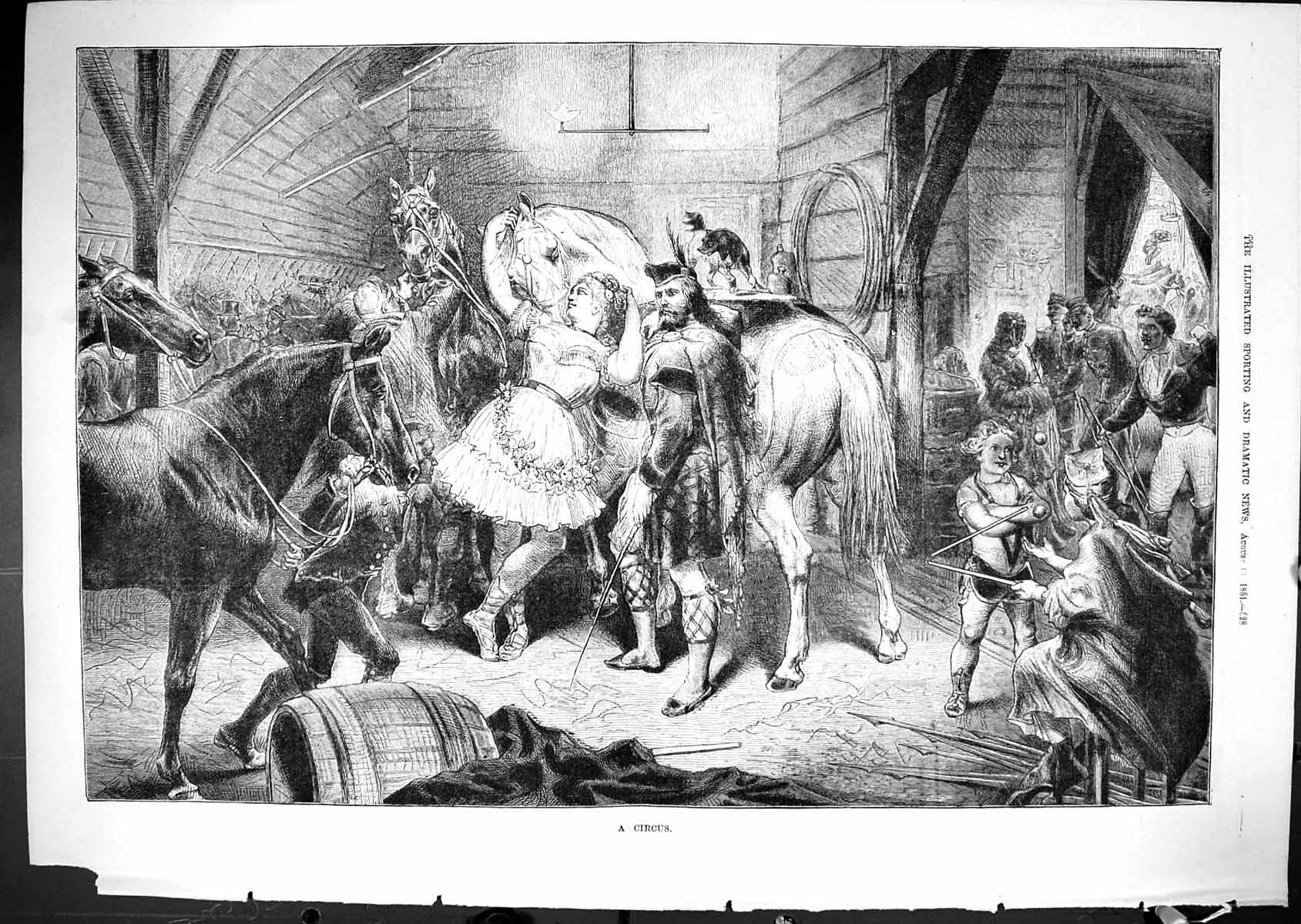 Original Old Antique Print 1881 Circus Animals Performers Entertainment 19th