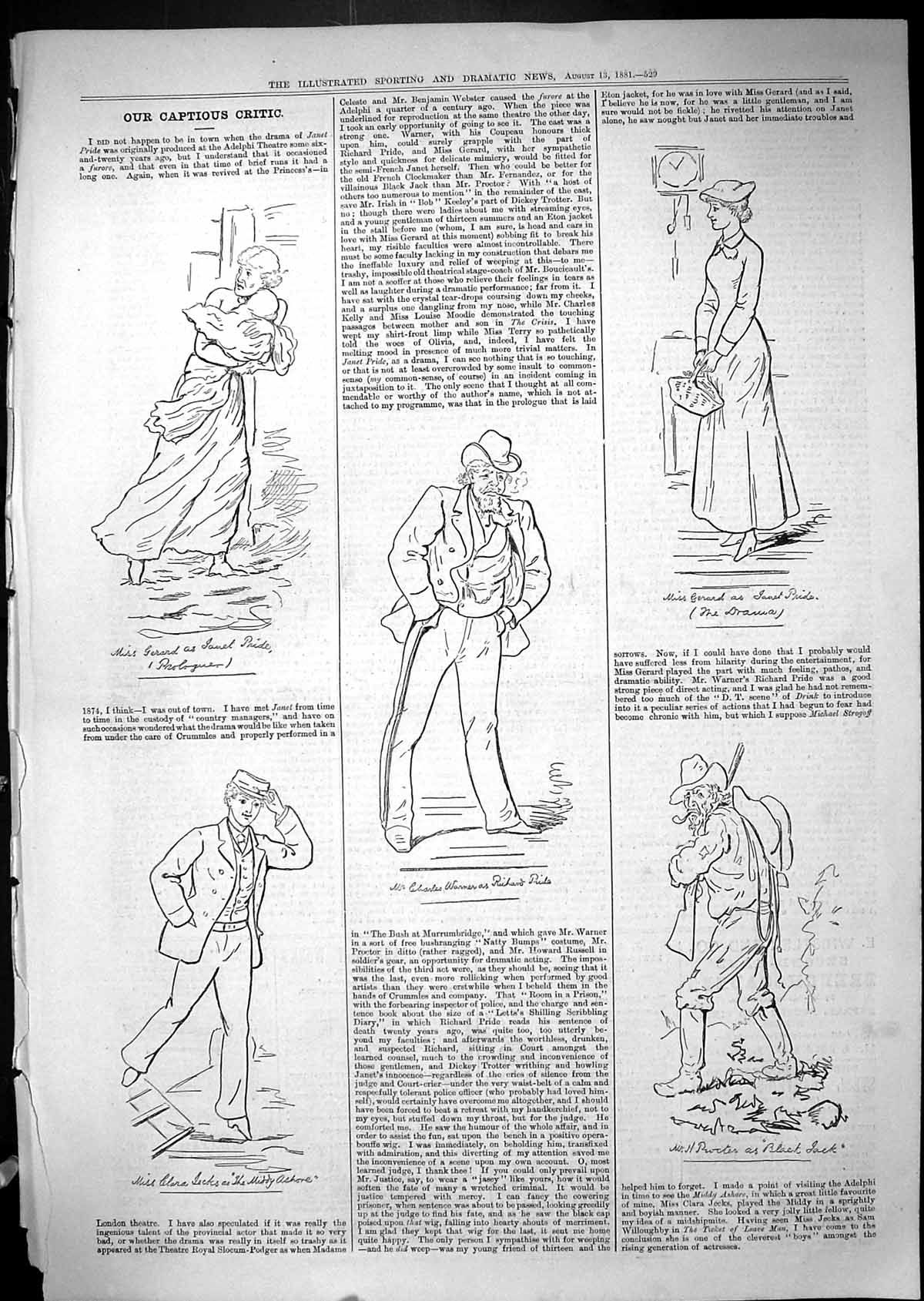 Old Antique Print Theatre Captious Critic Richard Pride Black Jack 1881 19th