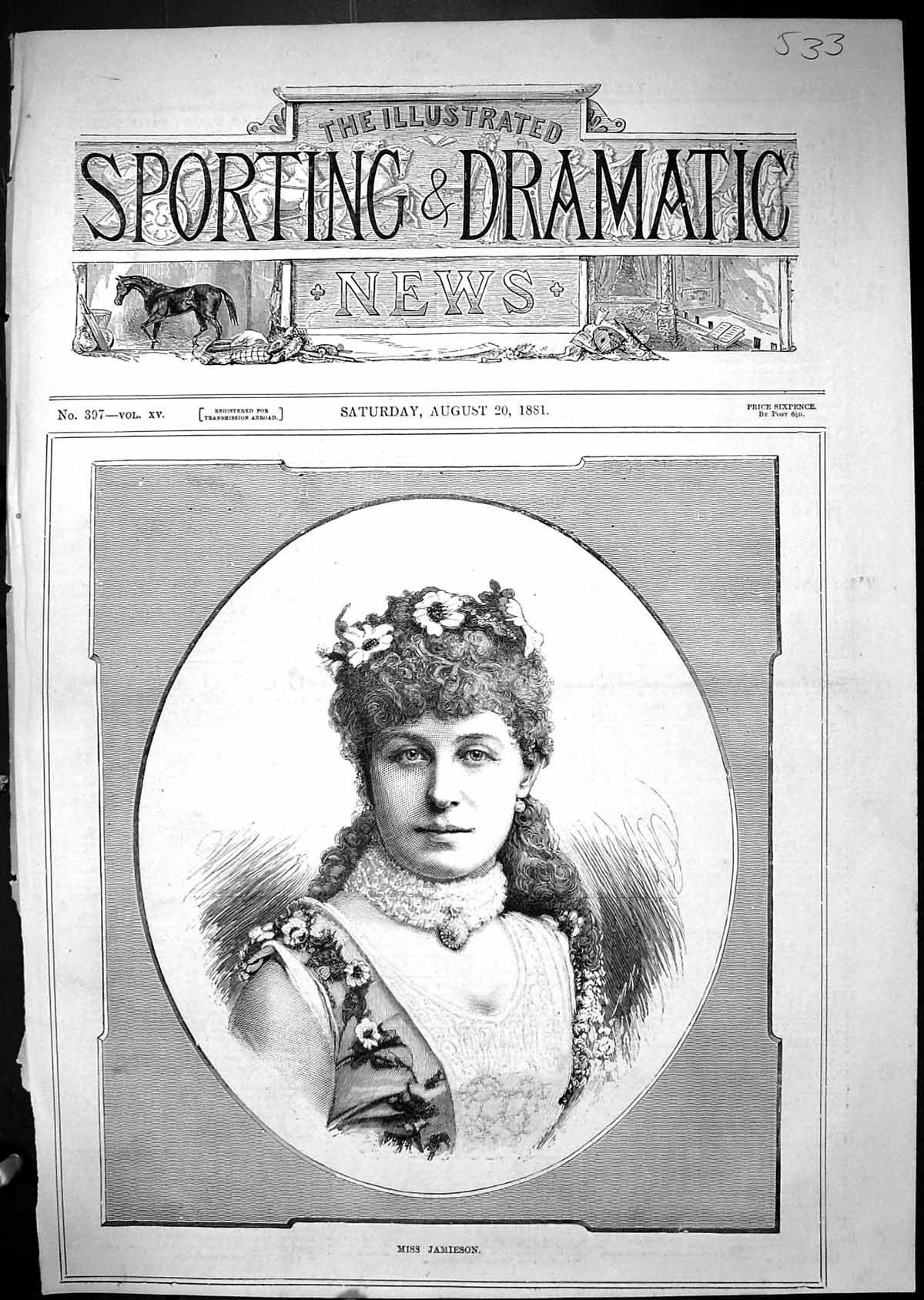 Original Old Antique Print 1881 Portrait Beautiful Woman Miss Jamieson 19th
