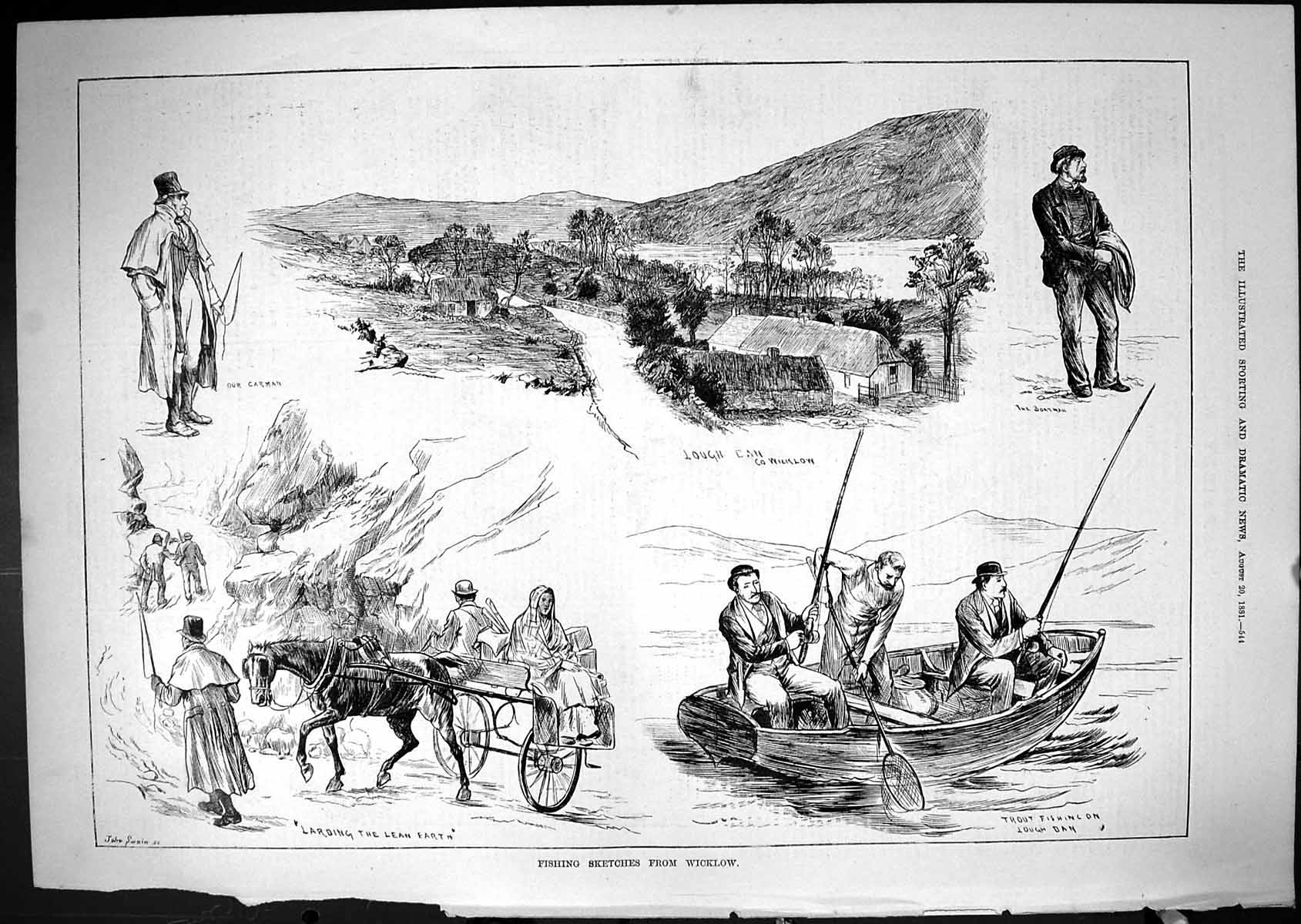 Old Print 1881 Fishing Wicklow Trout Fish Lough Dan Carman Sport Angling 19th