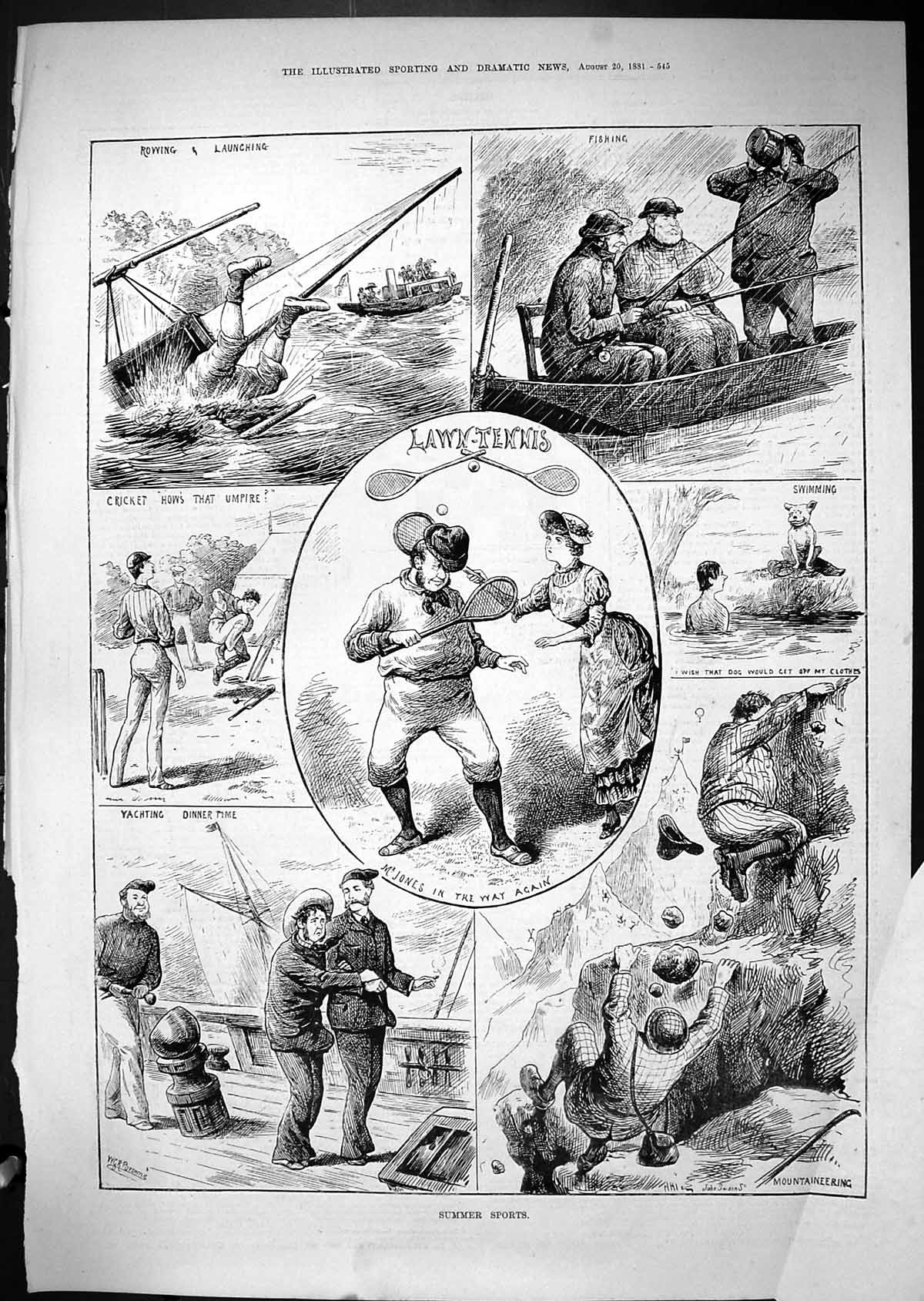 Old Print 1881 Summer Sport Tennis Jones Yachting Fishing Mountaineering 19th