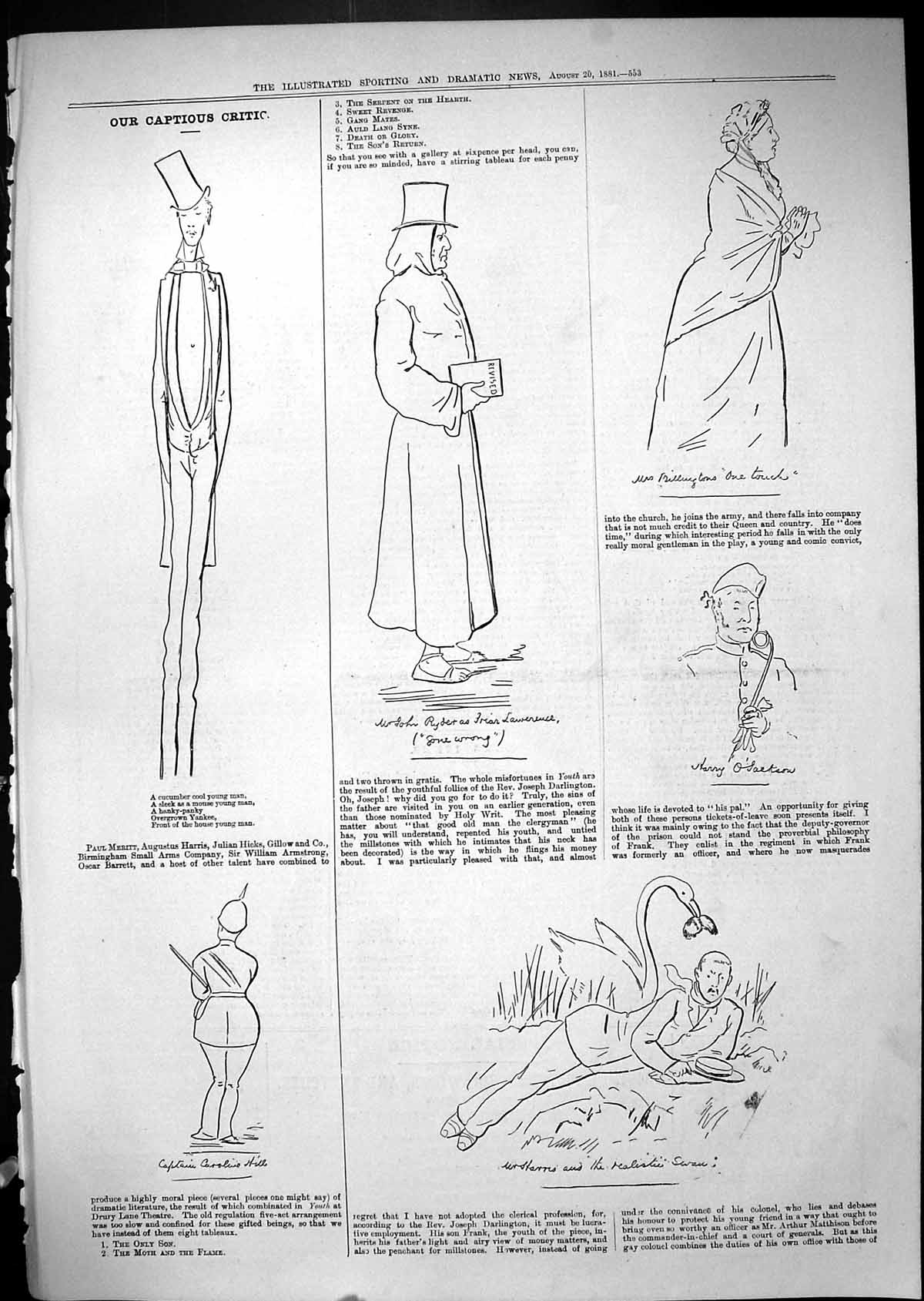 Antique Old Print Theatre Captious Critic Ryder Billington Caroline Hill 1881