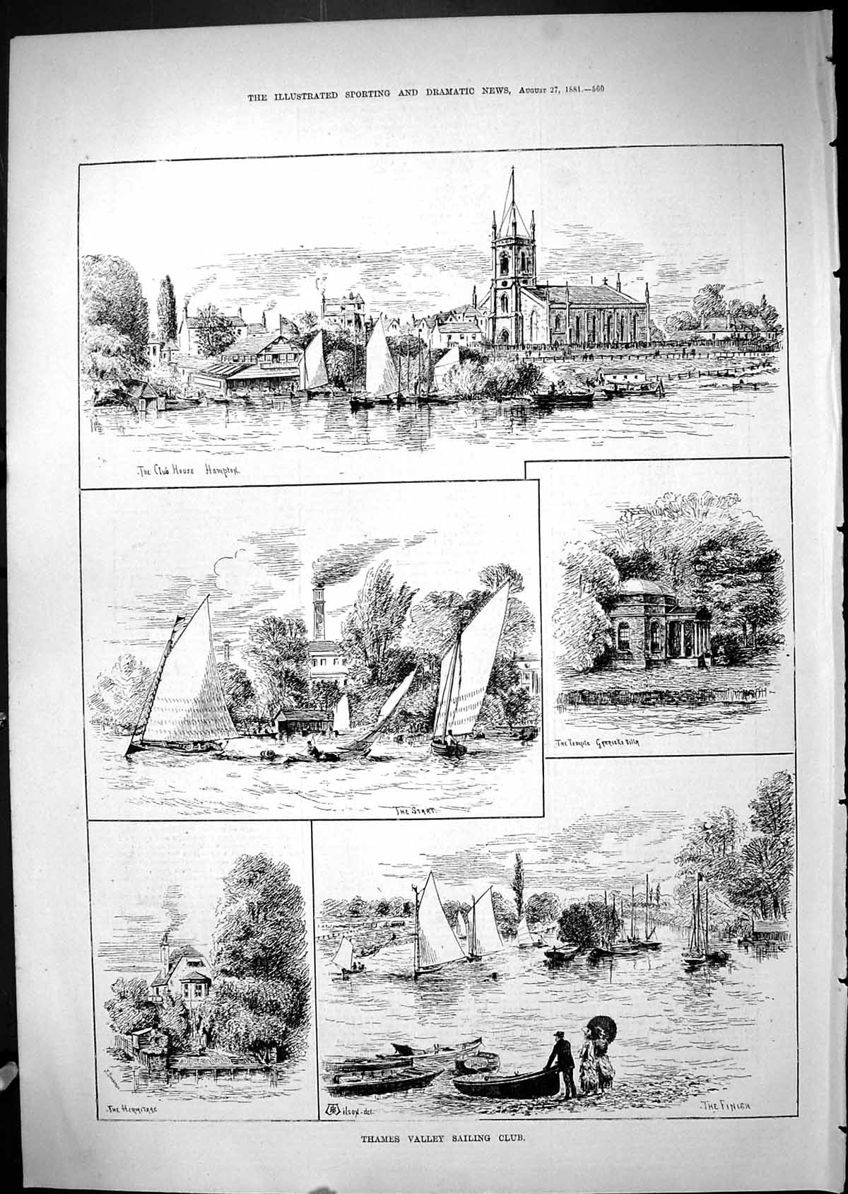 Antique Print 1881 Thames Valley Sailing Club House Hampton Temple Hemitage