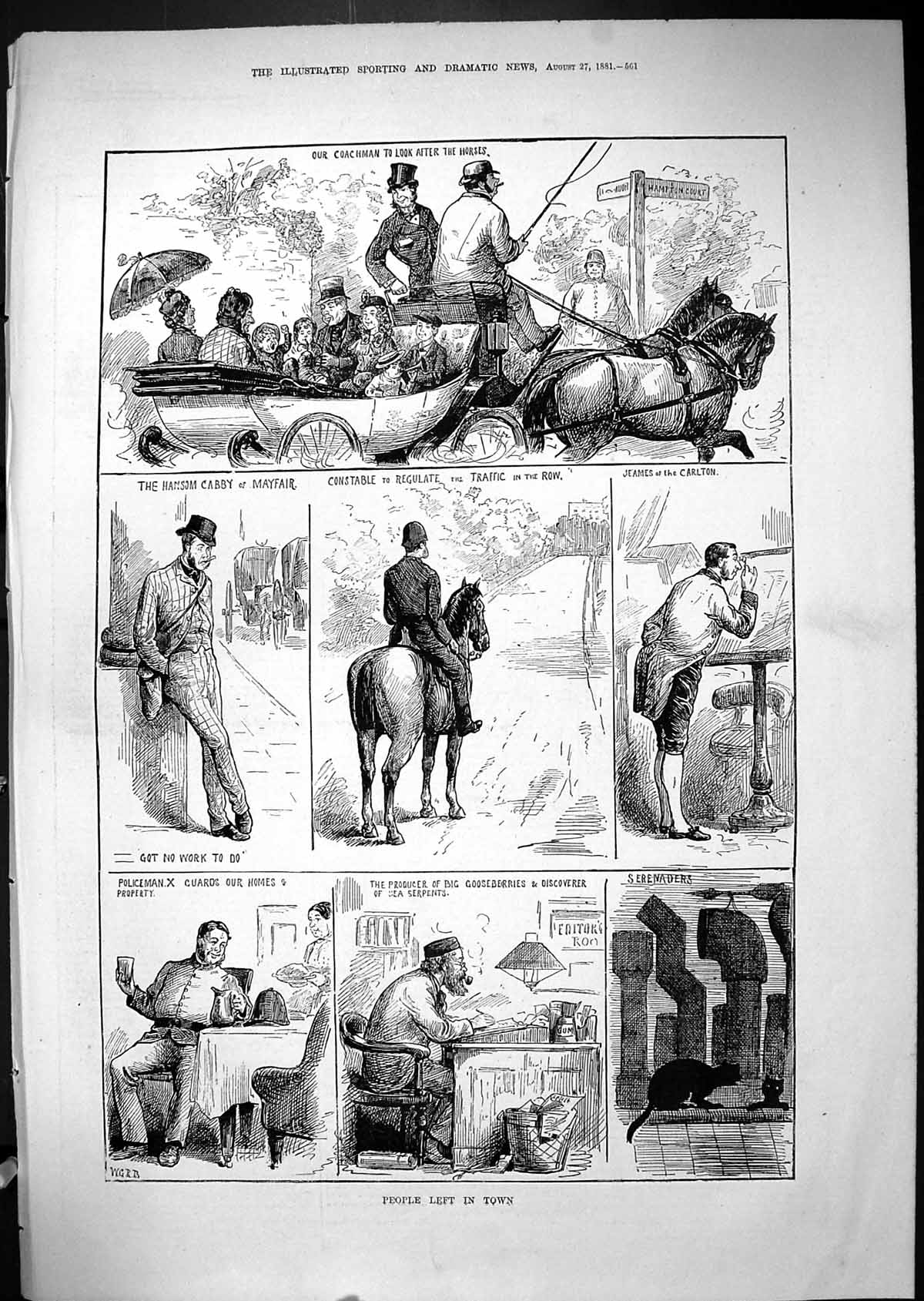 Antique Old Print 1881 People Left In Town Policeman Cabby Mayfair Coachman