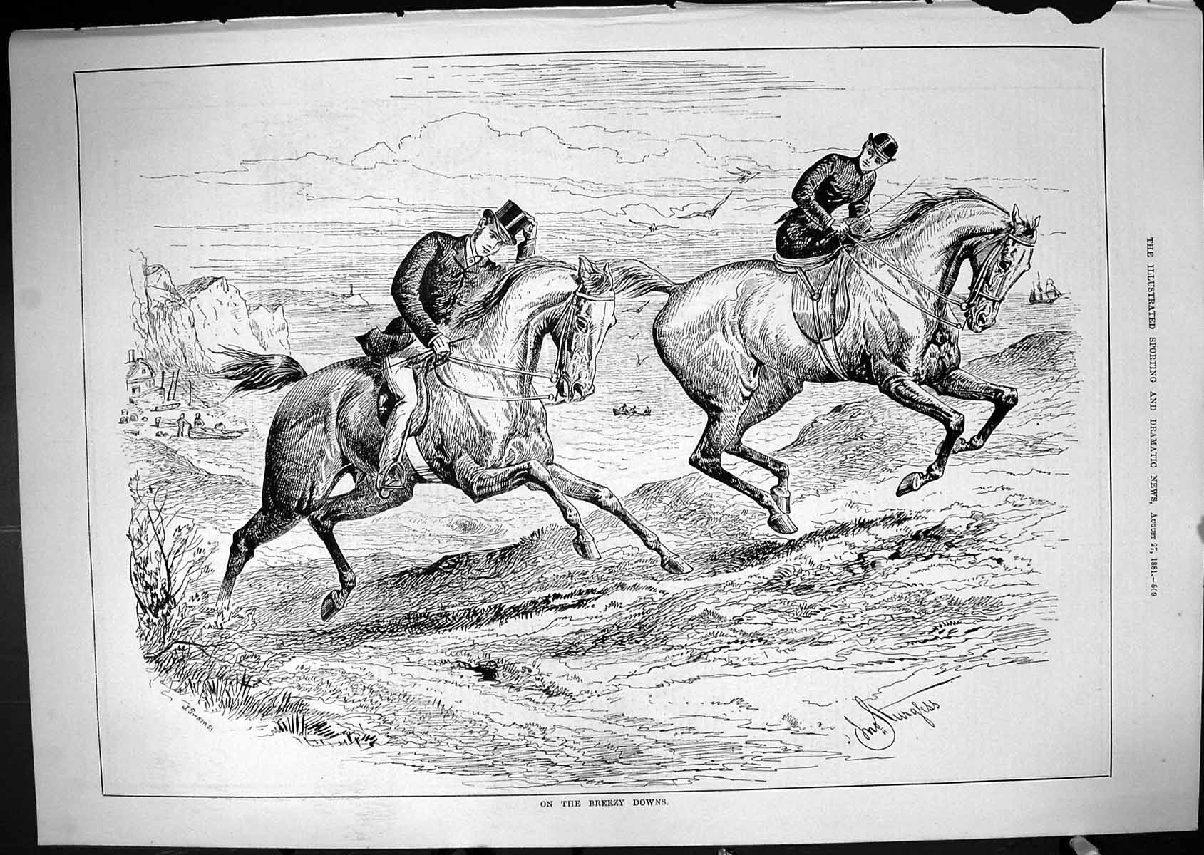 Antique Old Print 1881 Scene Breezy Downs Beach Scene Horses Man Woman Swain