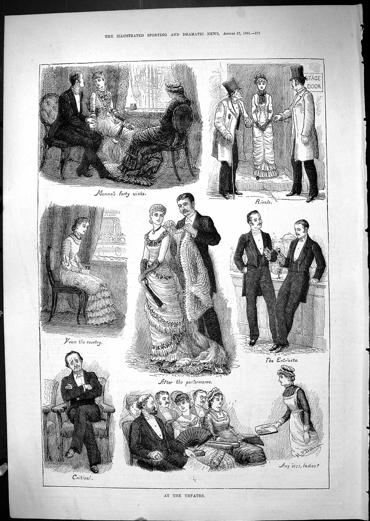 Original Old Antique Print 1881 Theatre Spectators Romance Stage Door Dollman