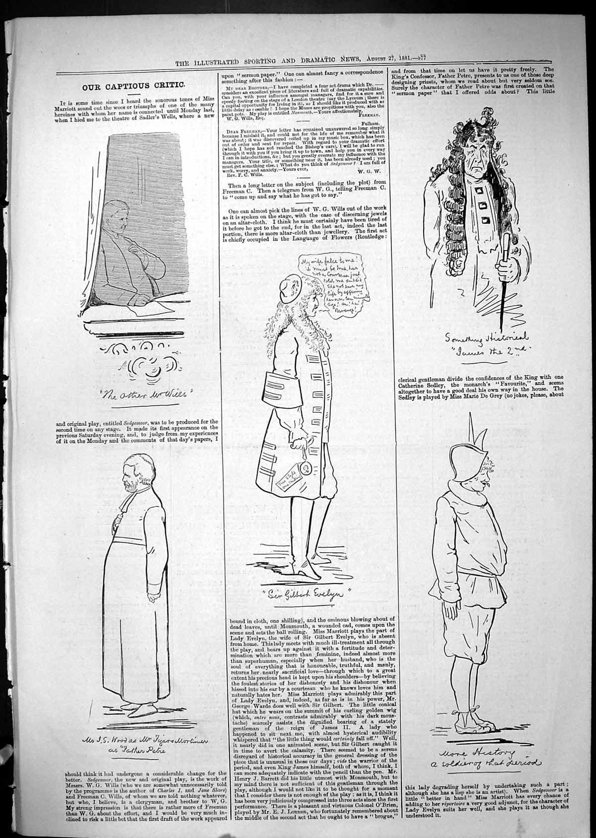 Old Antique Print Captious Critic Theatre Gilbert Evelyn Wood Actors 1881 19th