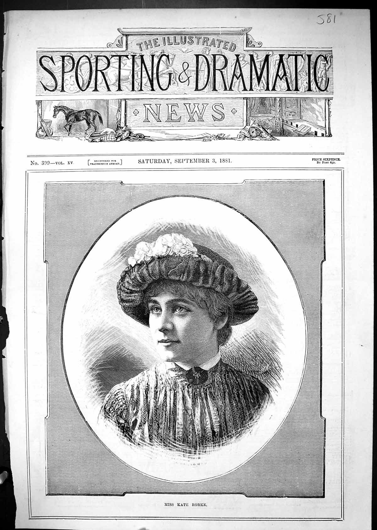 Original Old Antique Print 1881 Portrait Miss Kate Rorke Beautiful Woman Ref.2