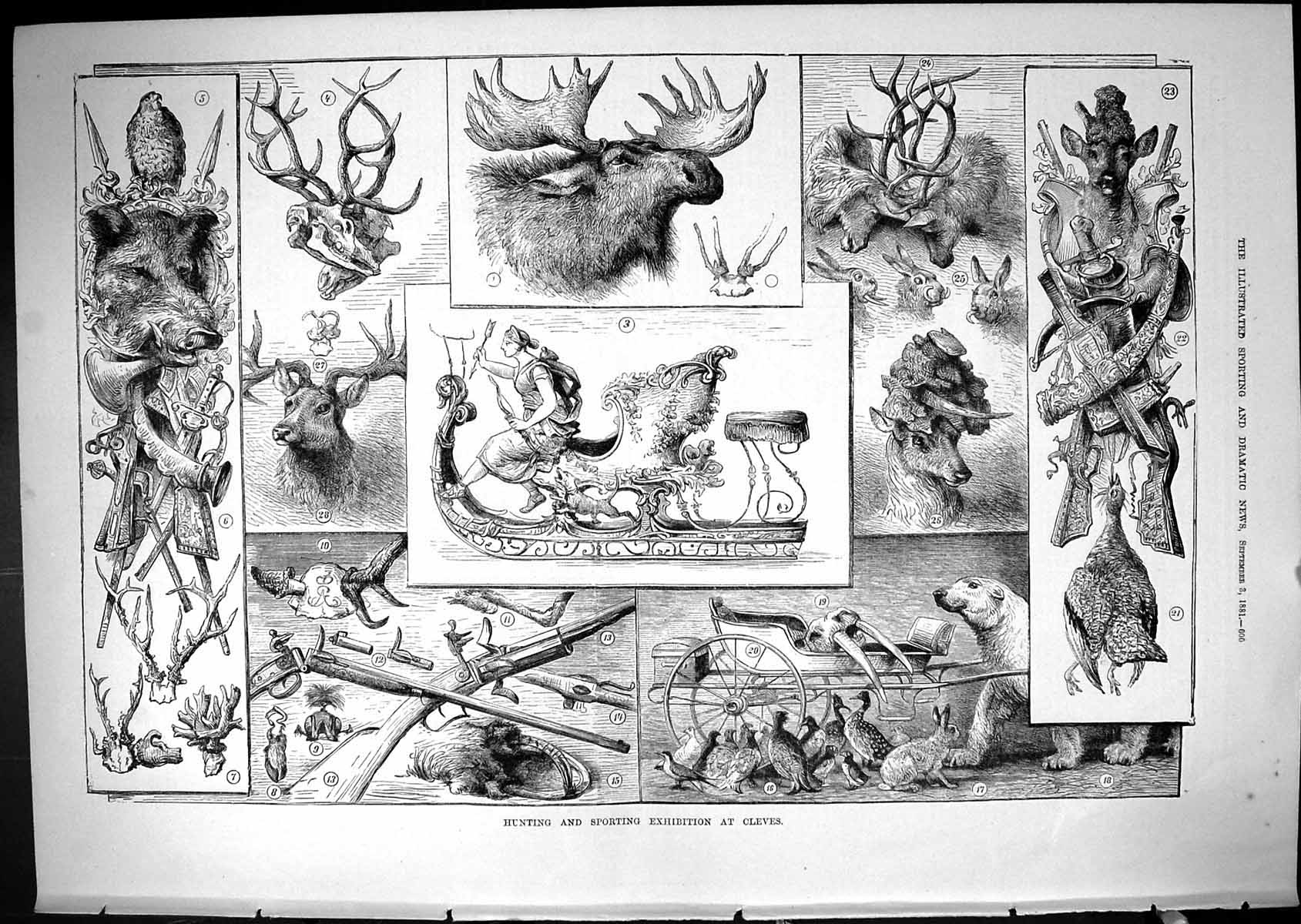 Old Hunting Sporting Exhibition Cleves Moose Horns Stag Birds Weapons