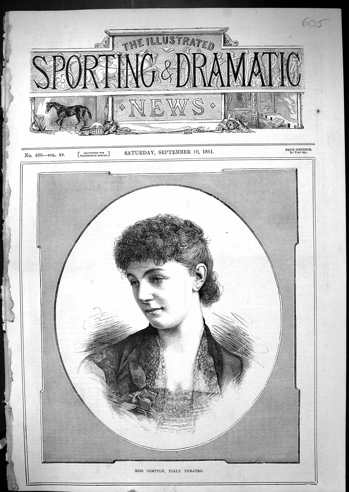 Old 1881 Portrait Beautiful Woman Miss Compton Folly Theatre Actress Victorian