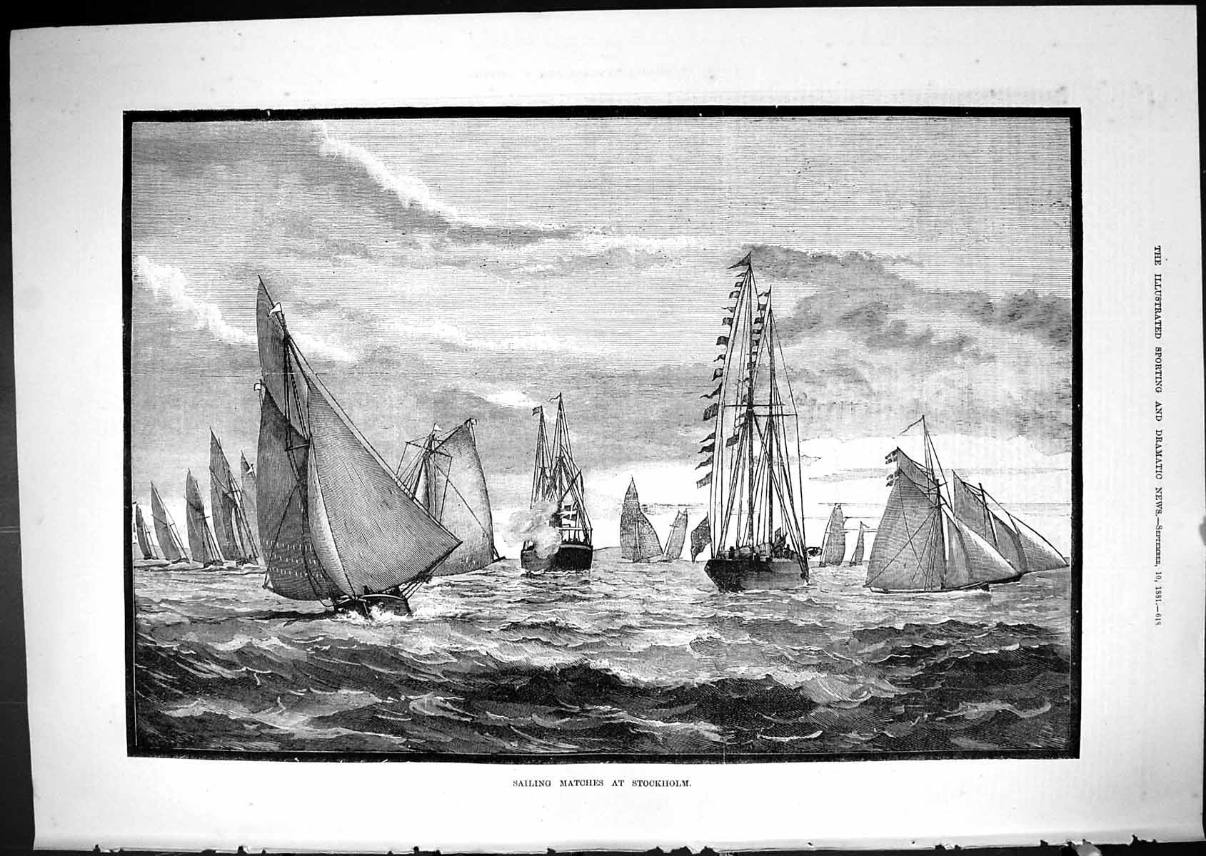 Original Old Antique Print 1881 Sailing Matches Stockholm Yachts Boats Sport