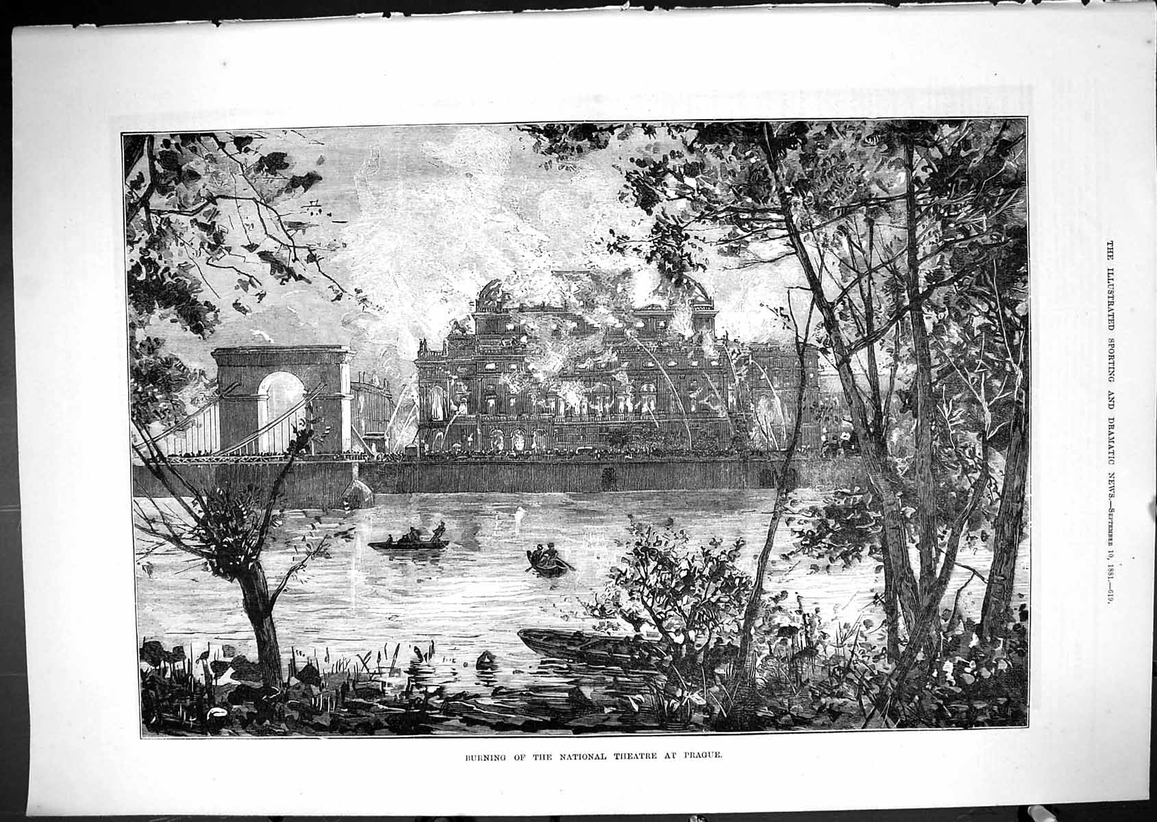 Old Antique Print 1881 Fire Burning National Theatre Prague River Boats 19th