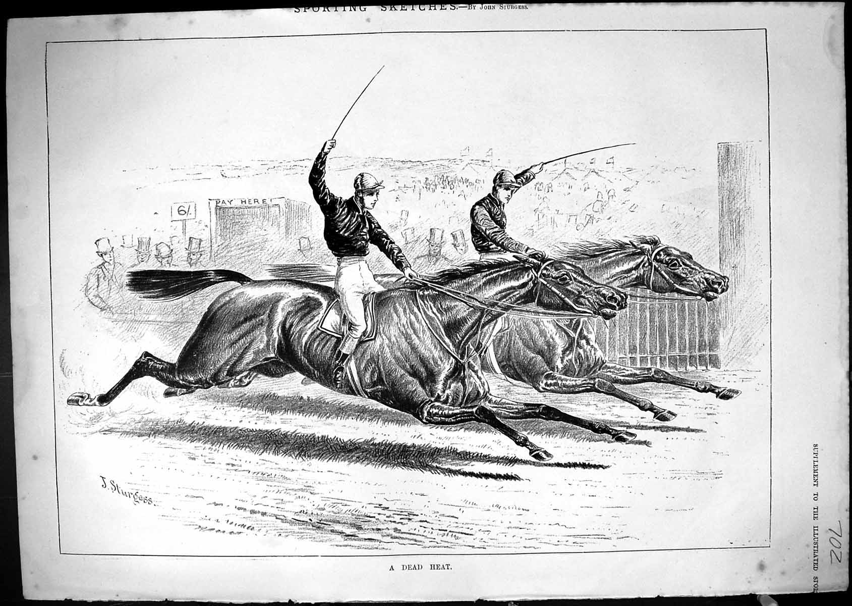 Original Old Antique Print Horse Racing Sport Jockeys Dead Heat Sturgess 1881
