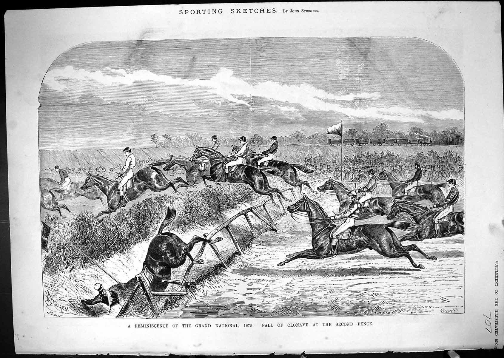 Antique Print 1881 Grand National Horse Racing Fall Clonnave Horses Jockeys