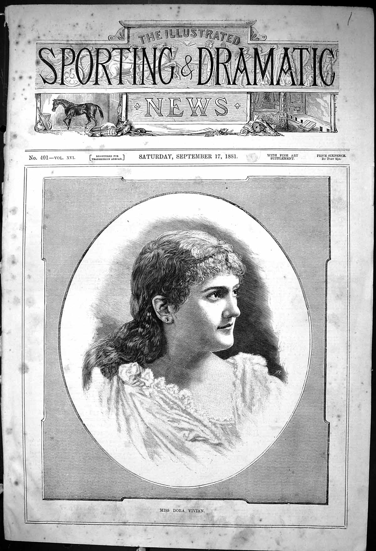 Original Old Antique Print 1881 Portrait Miss Dora Vivian Beautiful Woman 19th