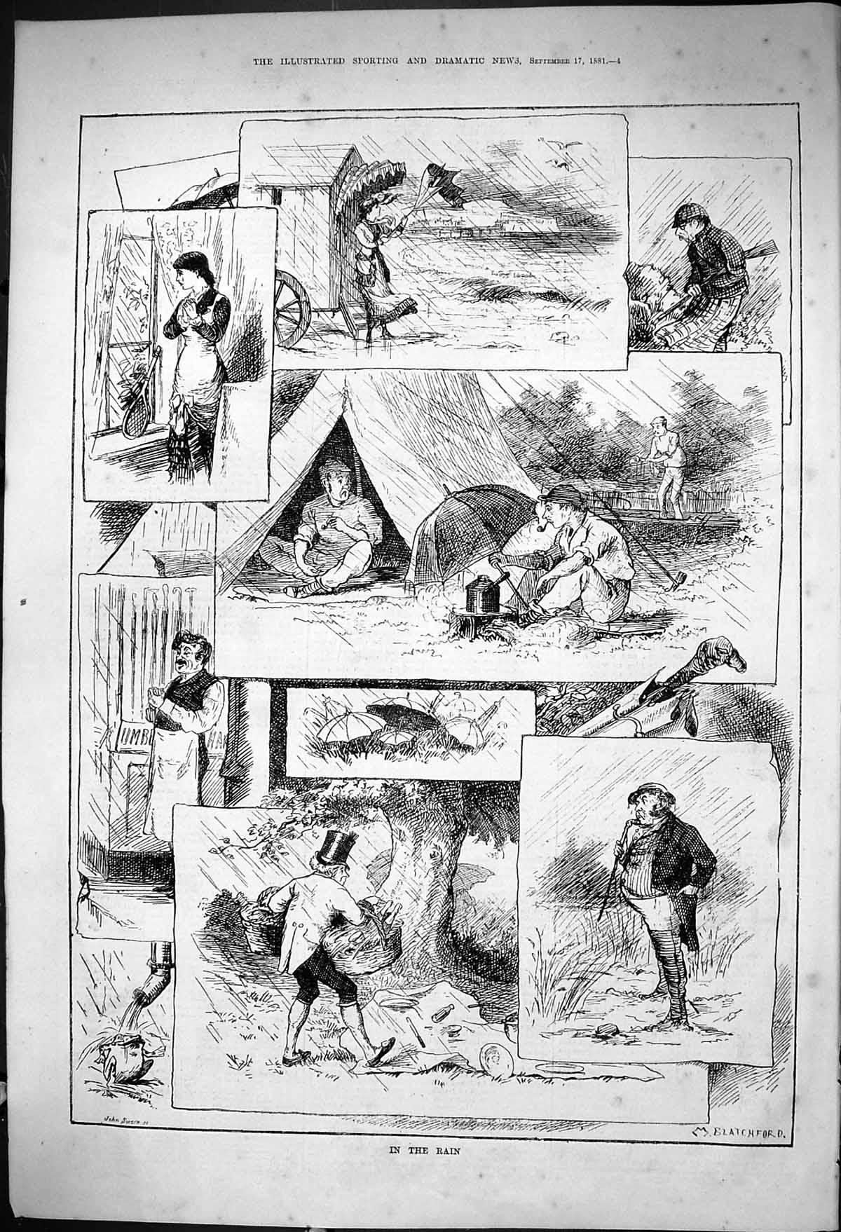 Old Print 1881 Scene Rain Camp Caravan Umbrellas Sport Hunting Blatchford 19th