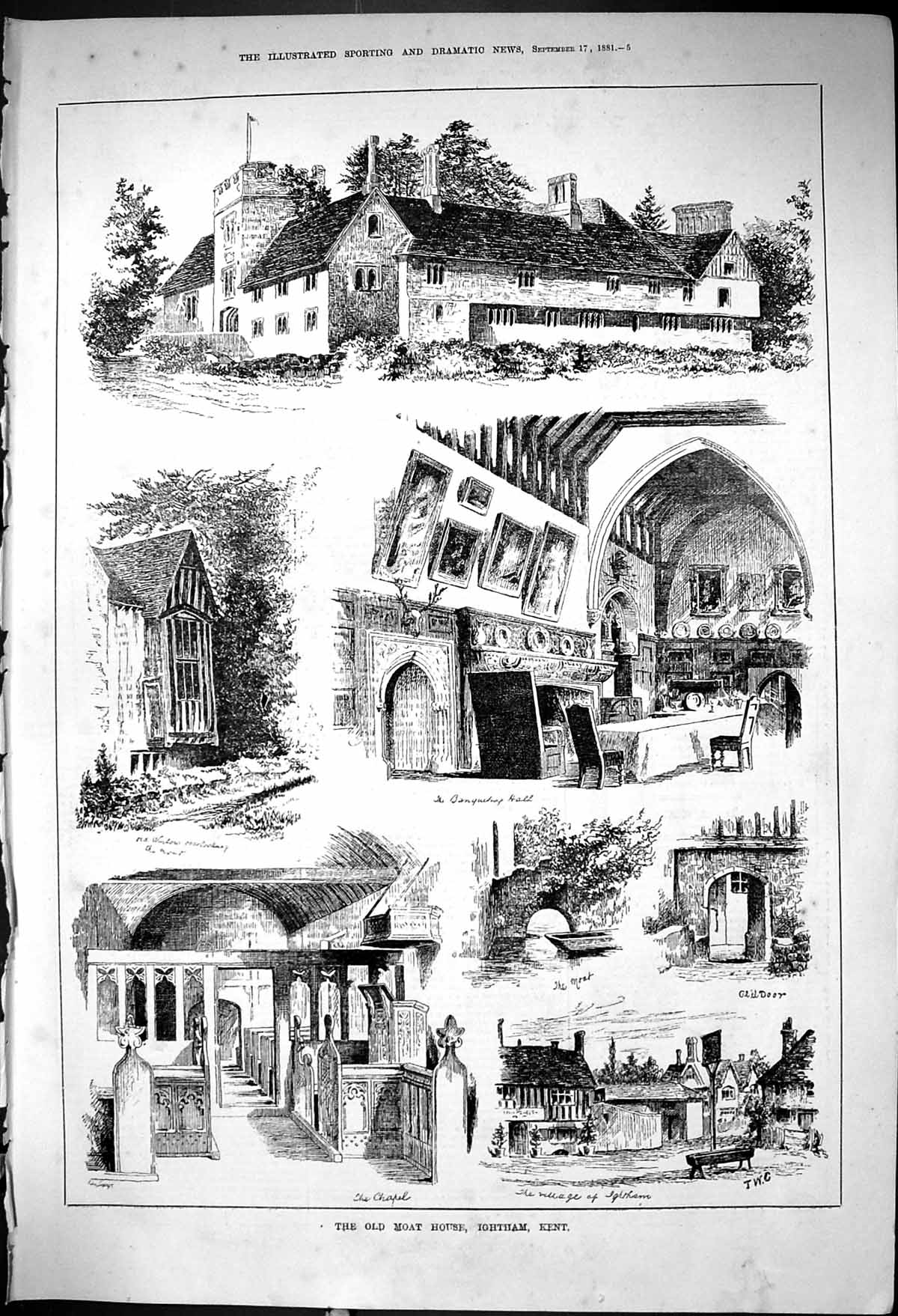 Antique Print 1881 Moat House Ightham Kent Banqueting Hall Chapel Village S