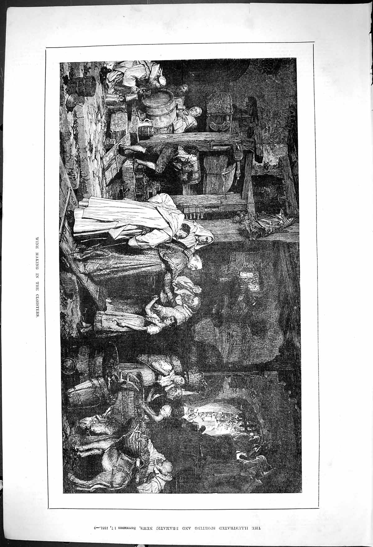 Antique Old Print 1881 Wine Making Cloisters Manufacturing Industry Grapes 19th