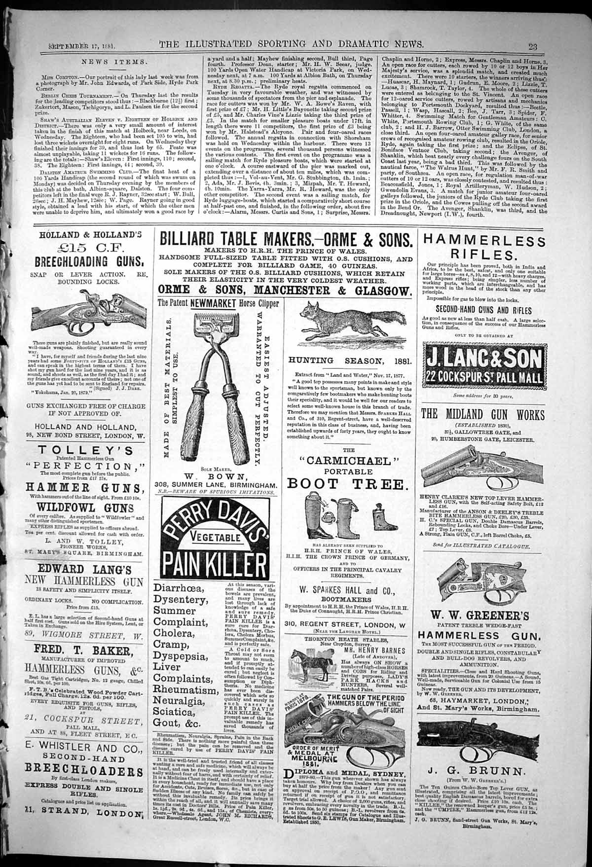 Antique Old Print 1881 Billard Table Orme Perry Davis Holland Guns Brunn Lang