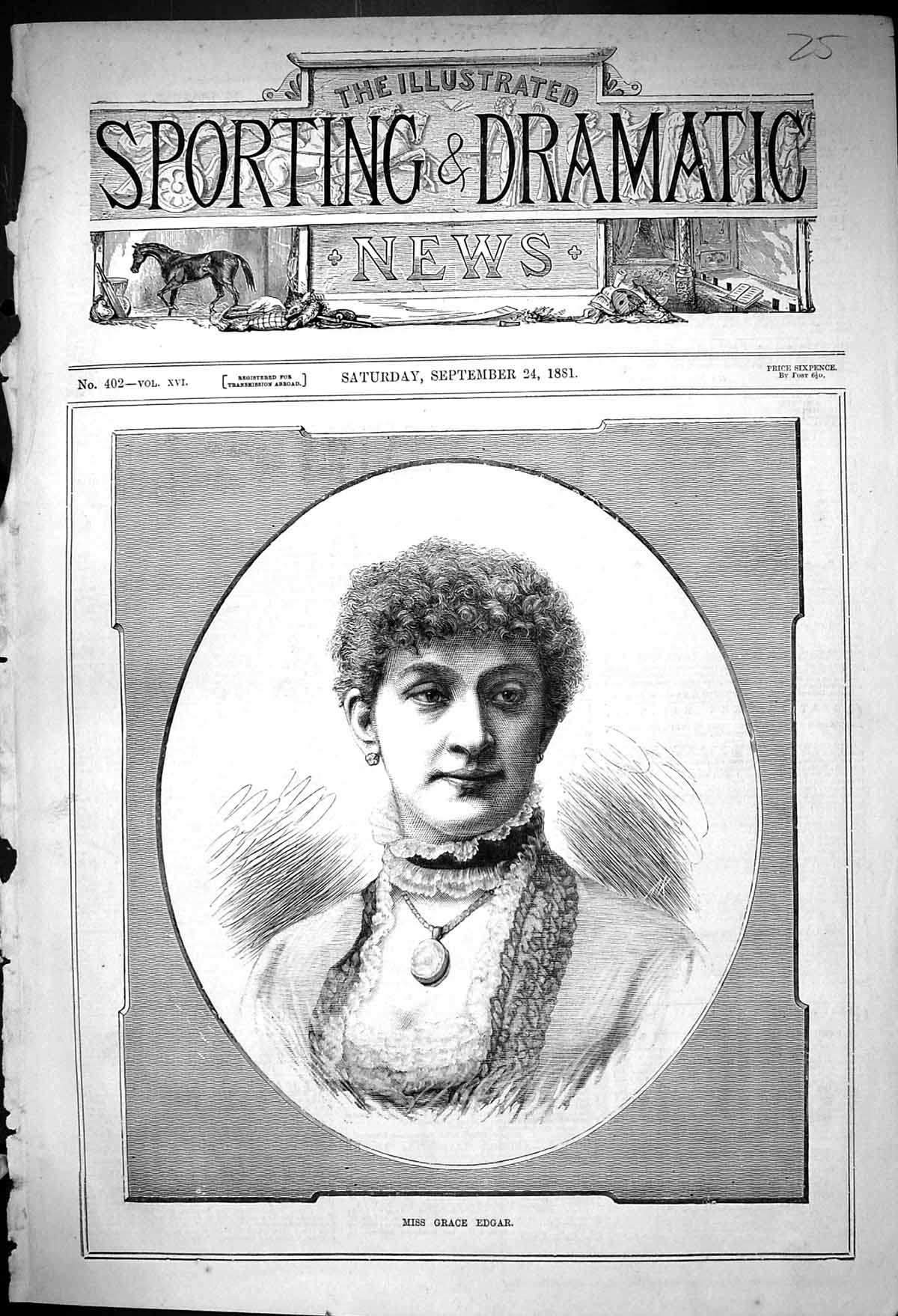 Old Print 1881 Portrait Miss Grace Edgar Beautiful Woman Locket Necklace 19th