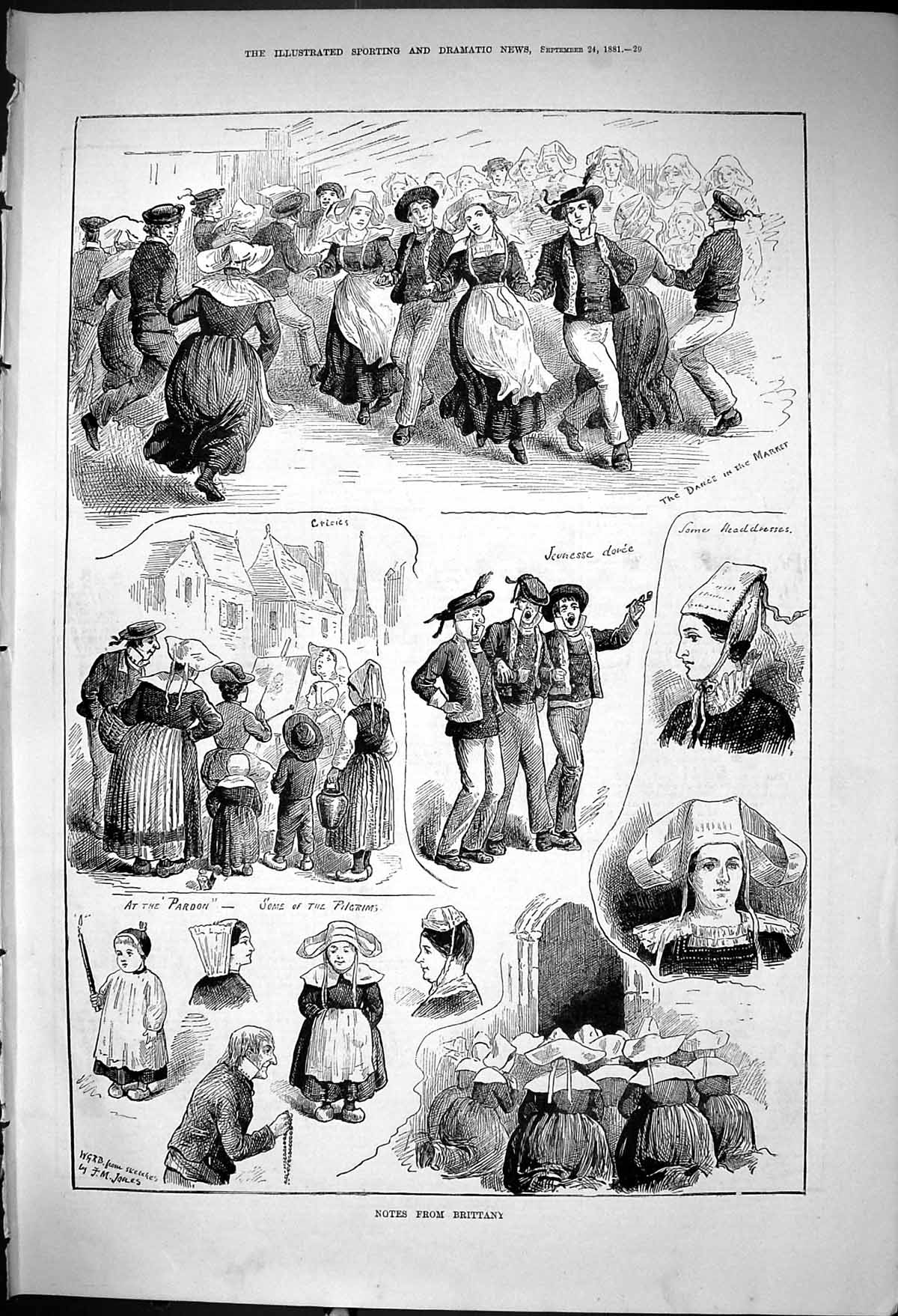 Old 1881 Brittany France Market Dancing Pilgrims Headdresses Jeunesse Victorian