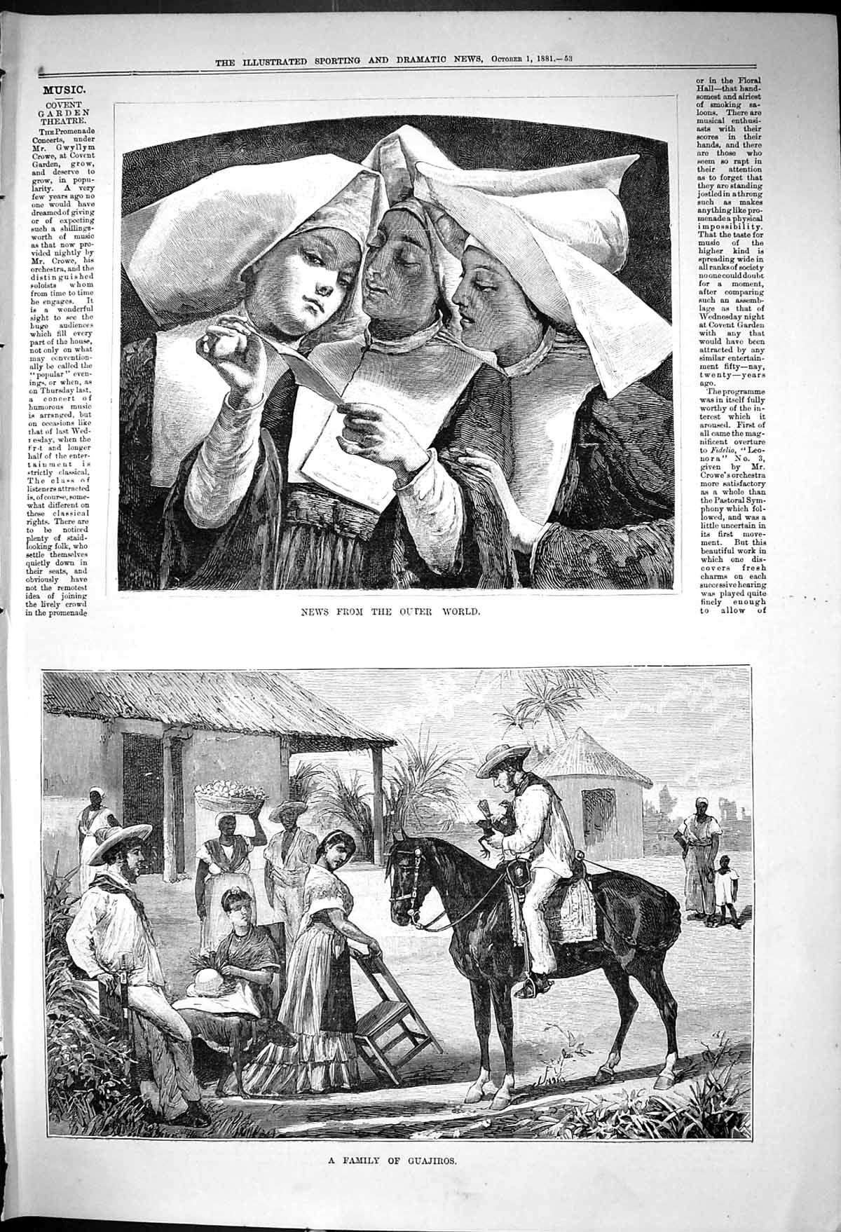 Antique Print 1881 Nuns Reading News Outer World Family Guajiros Man Horse 19th