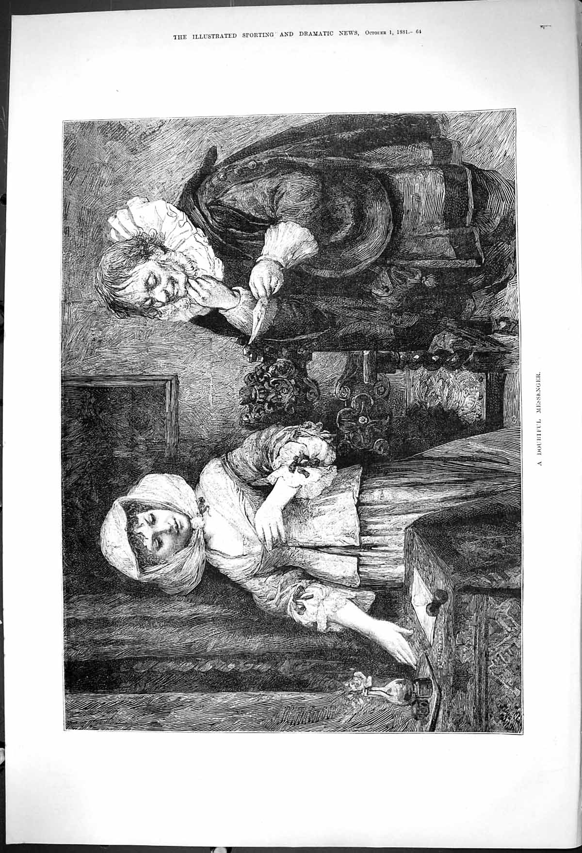 Original Old Antique Print 1881 Doubtful Messenger Lady Man Letter Romance 19th