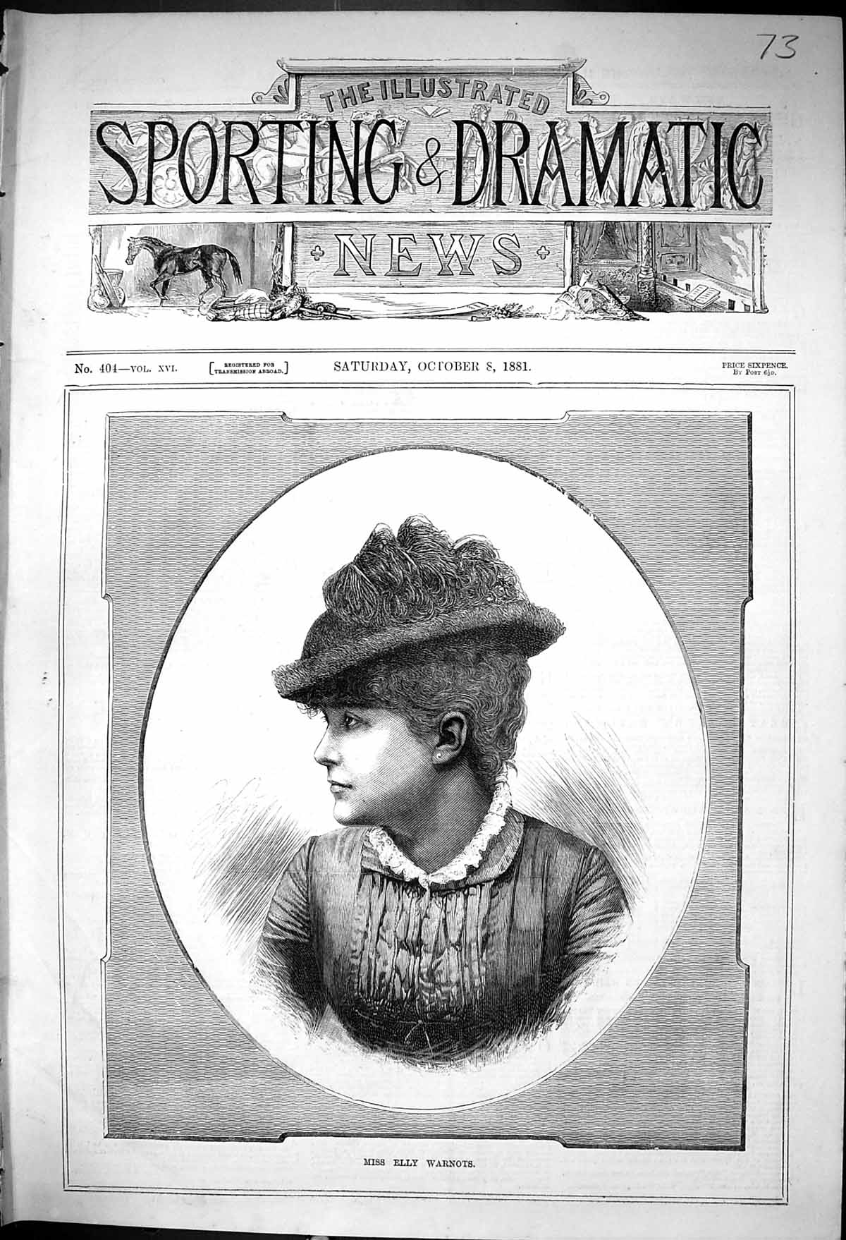 Original Old Antique Print 1881 Portrait Miss Elly Warnots Beautiful Woman 19th