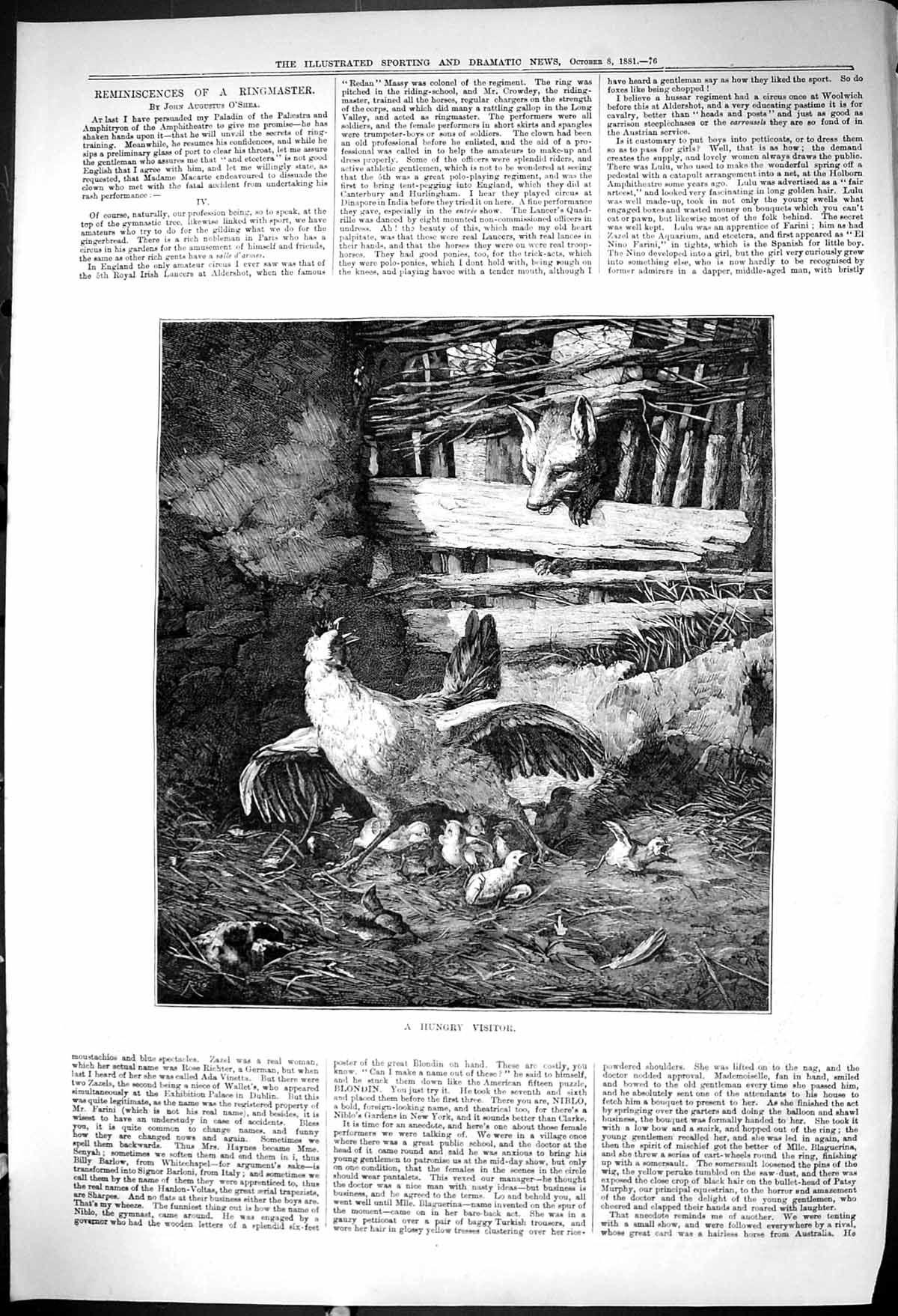 Original Old Antique Print 1881 Hungry Visitor Chicken Chicks Fox Danger 19th
