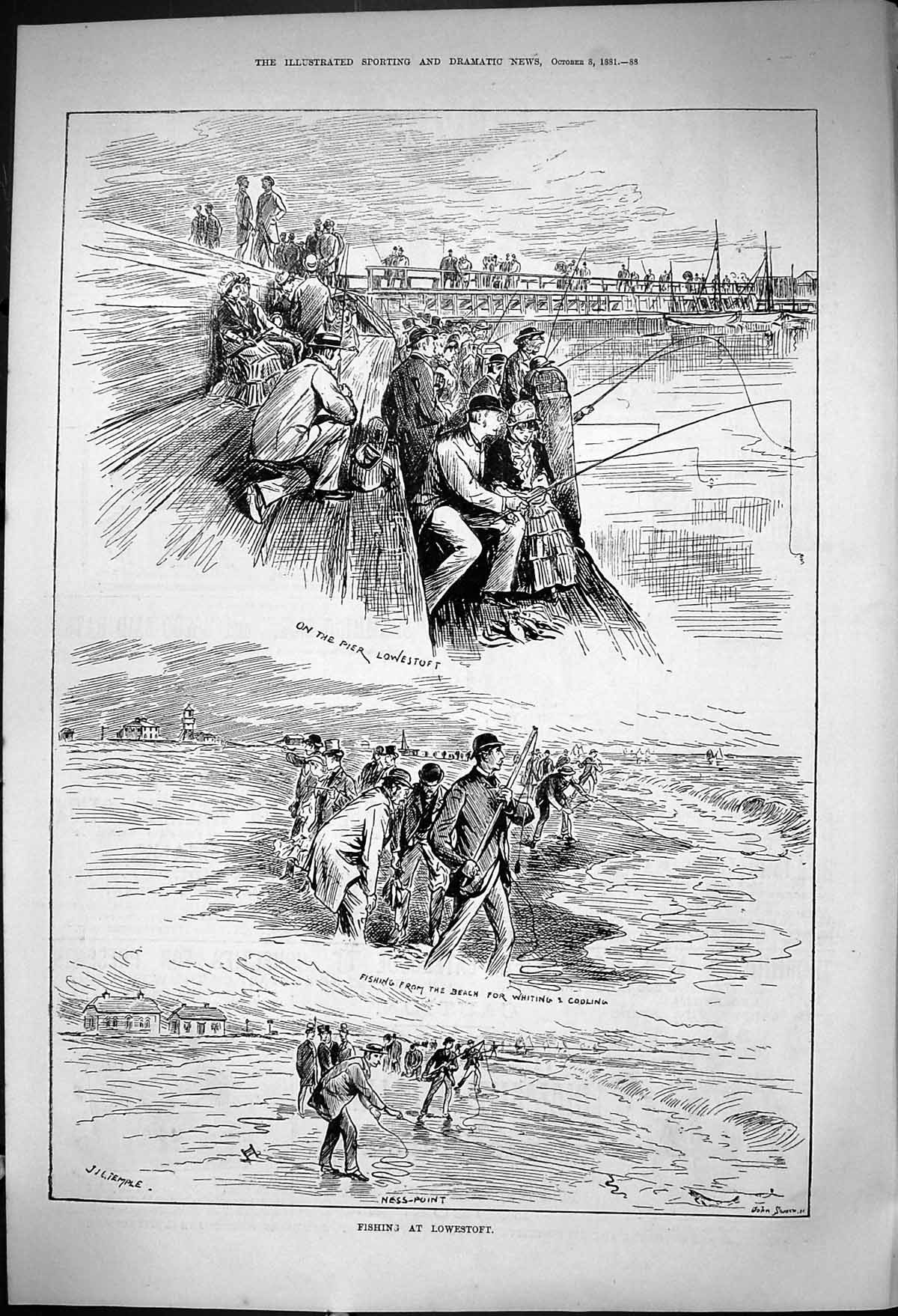 Old 1881 Fishing Lowestoft Pier Whiting Cooling Ness-Point Fish Fishe Victorian