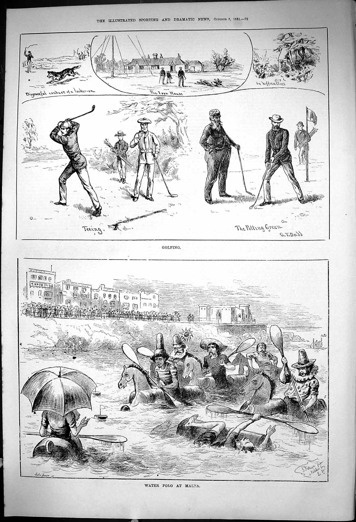 Old 1881 Golfing Sport Potting Green Golf Water Polo Malta River Wood Victorian