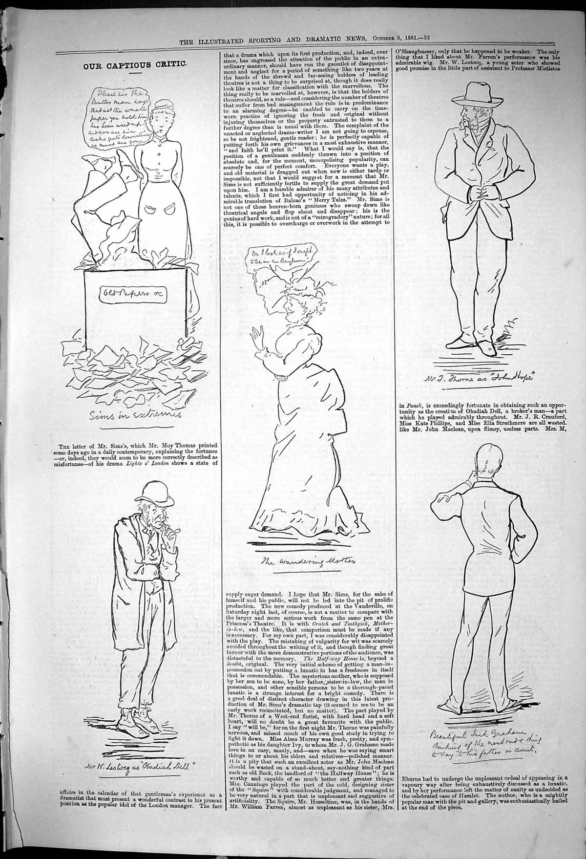 Old 1881 Captious Critic Jack Graham Theatre Thorne John Hope Paper B Victorian